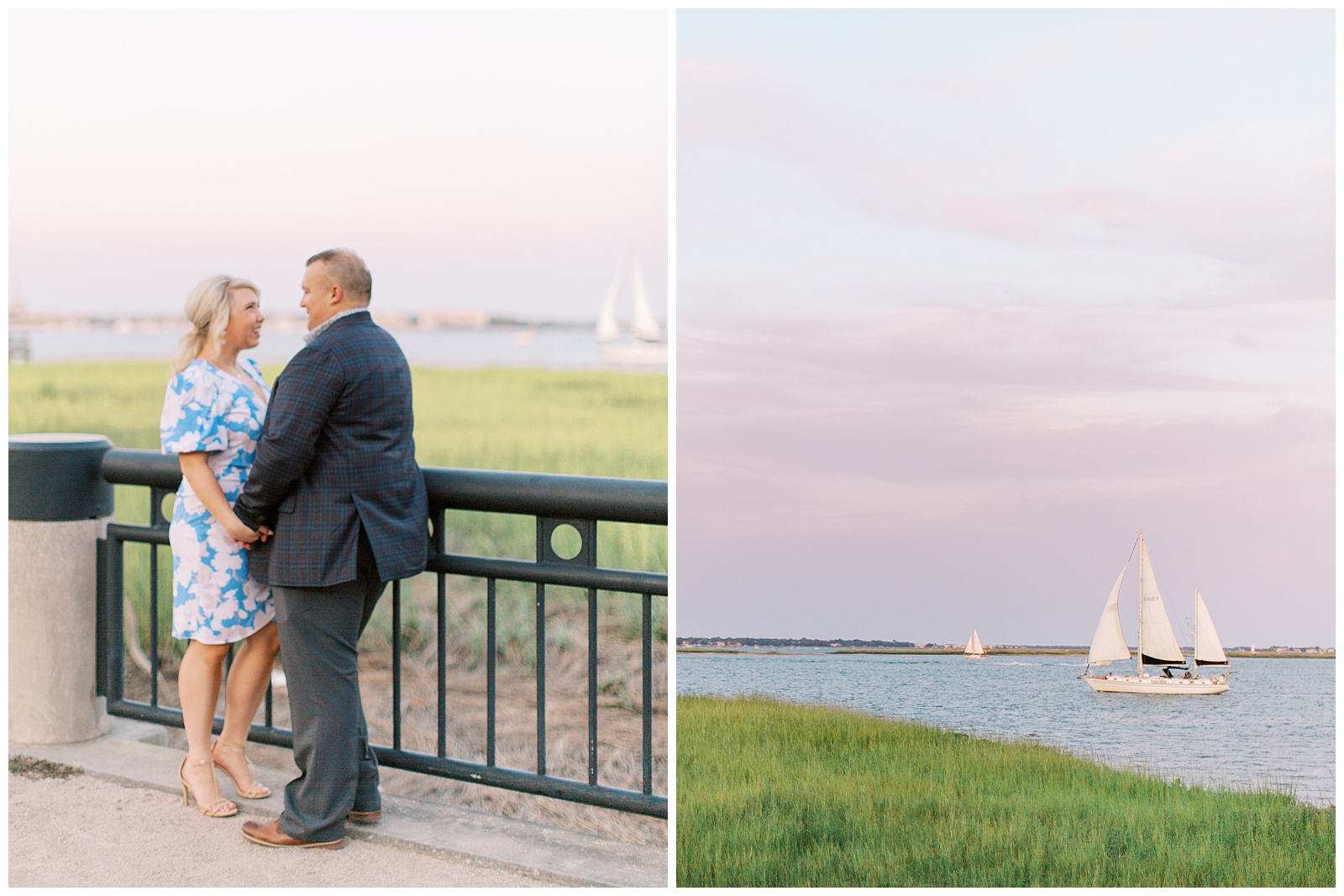 couple poses along waterfront during Downtown Charleston engagement session