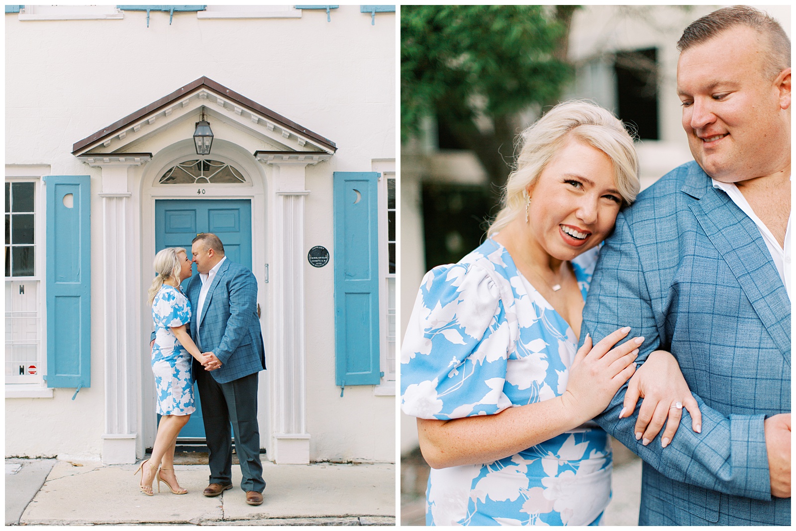 engaged couple poses by blue and white house in Charleston SC