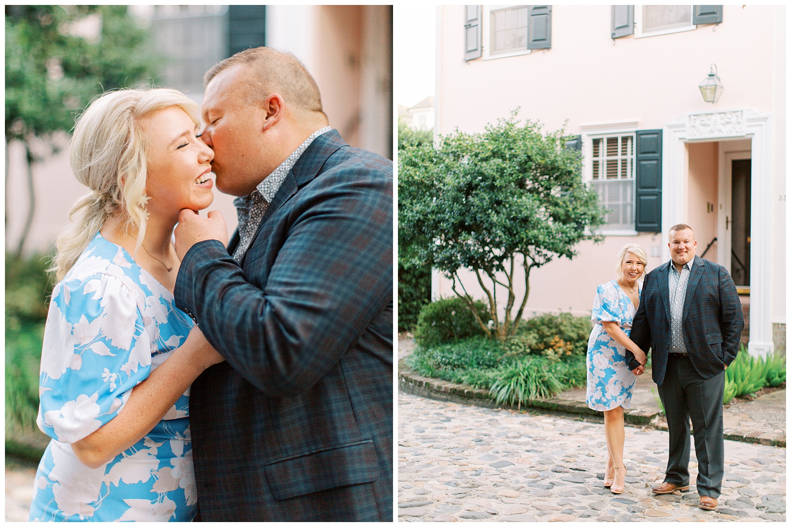 bride and groom kiss by historic home during Downtown Charleston engagement session