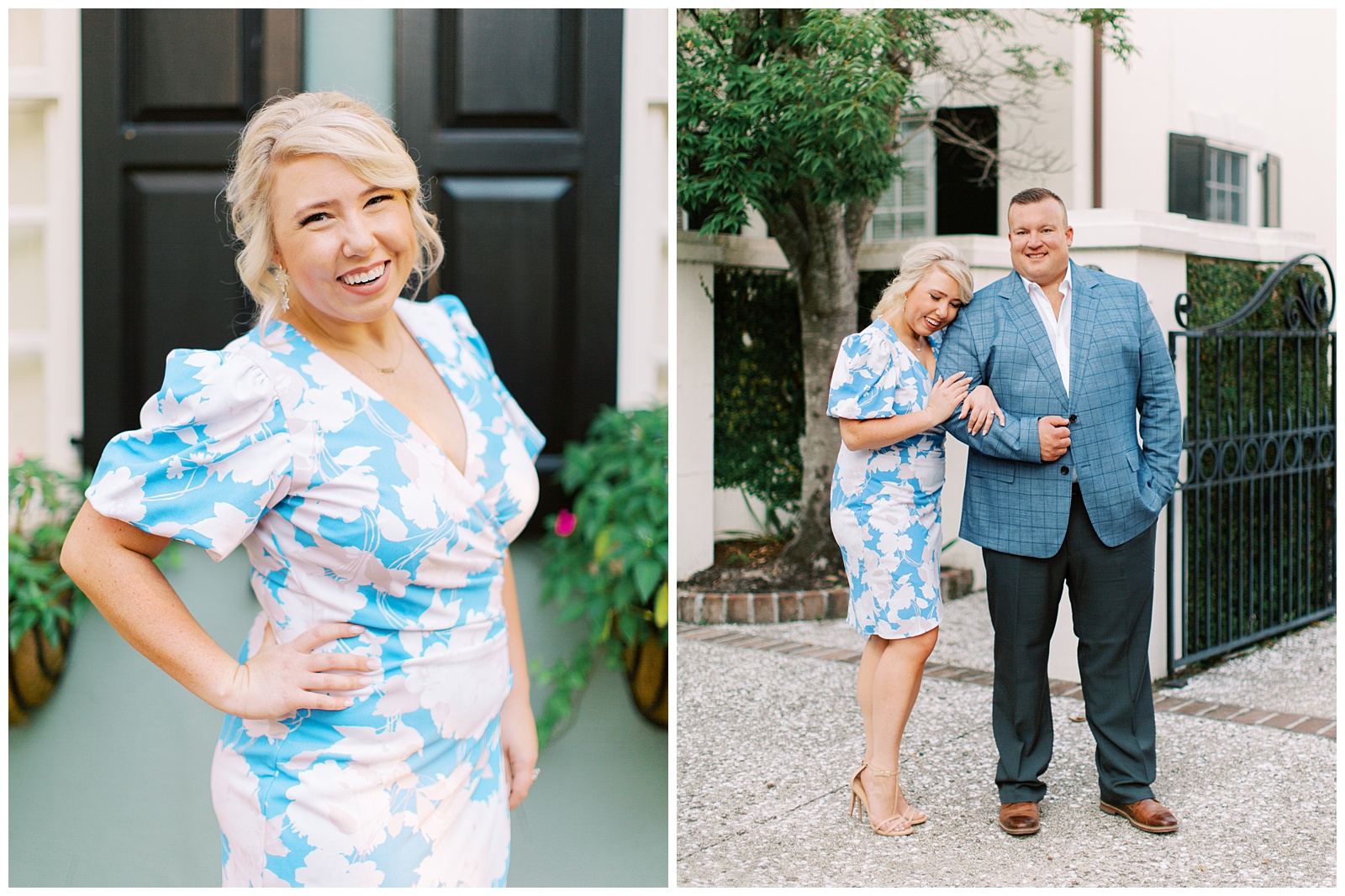 Downtown Charleston engagement session for couple in blue and white outfits