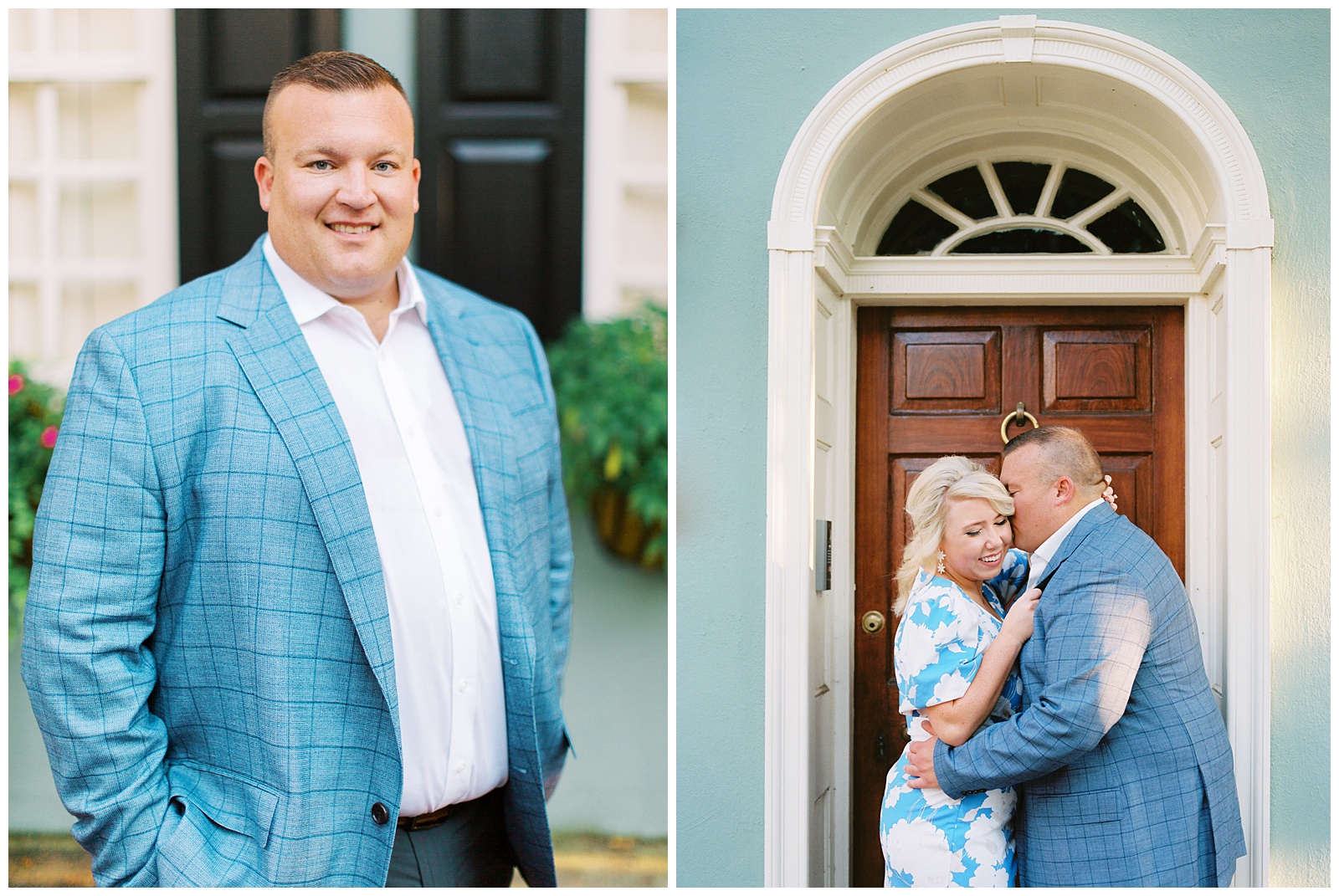 bride and groom hug outside historic home during Downtown Charleston engagement session