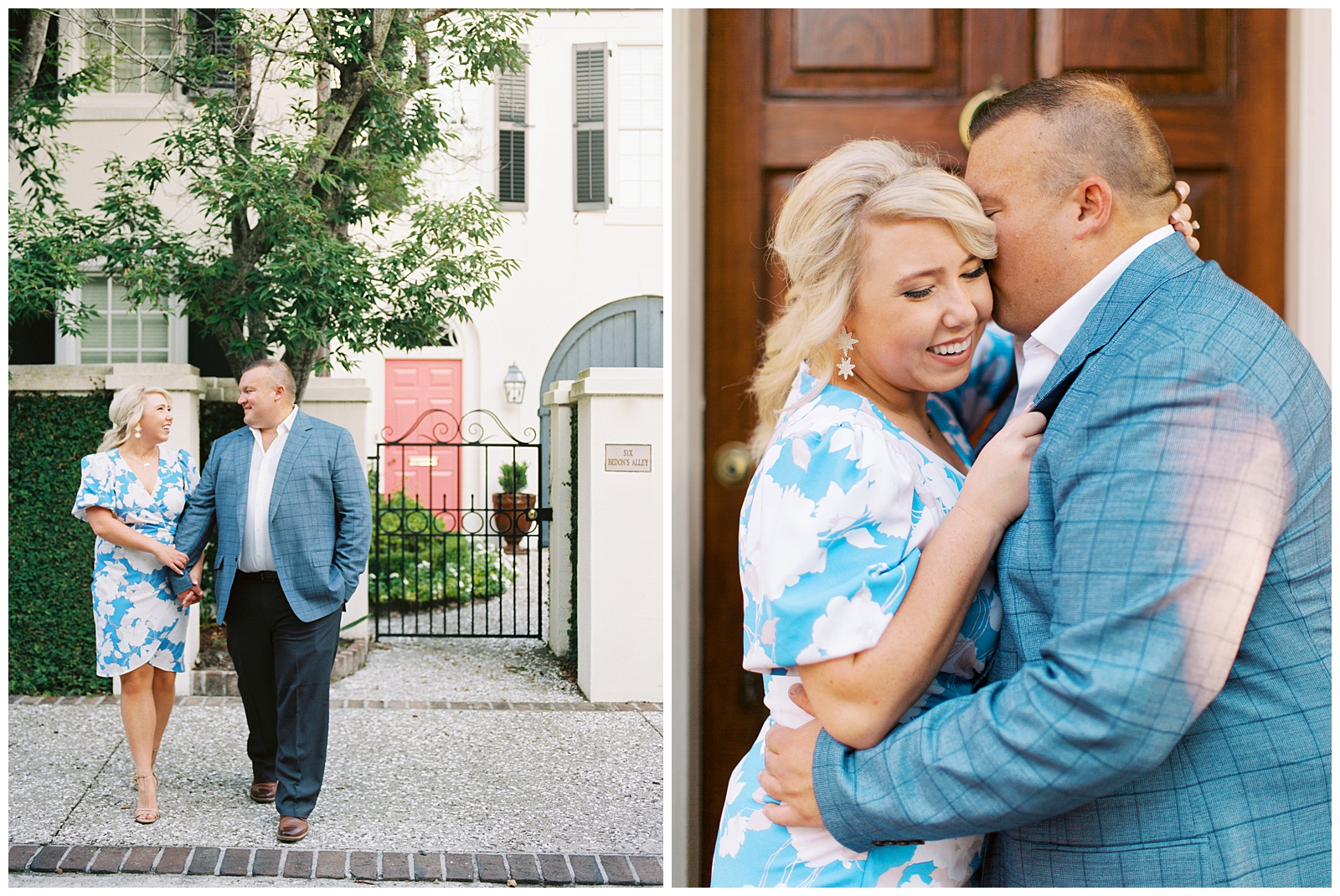 Downtown Charleston engagement session for couple in blue and white outfits