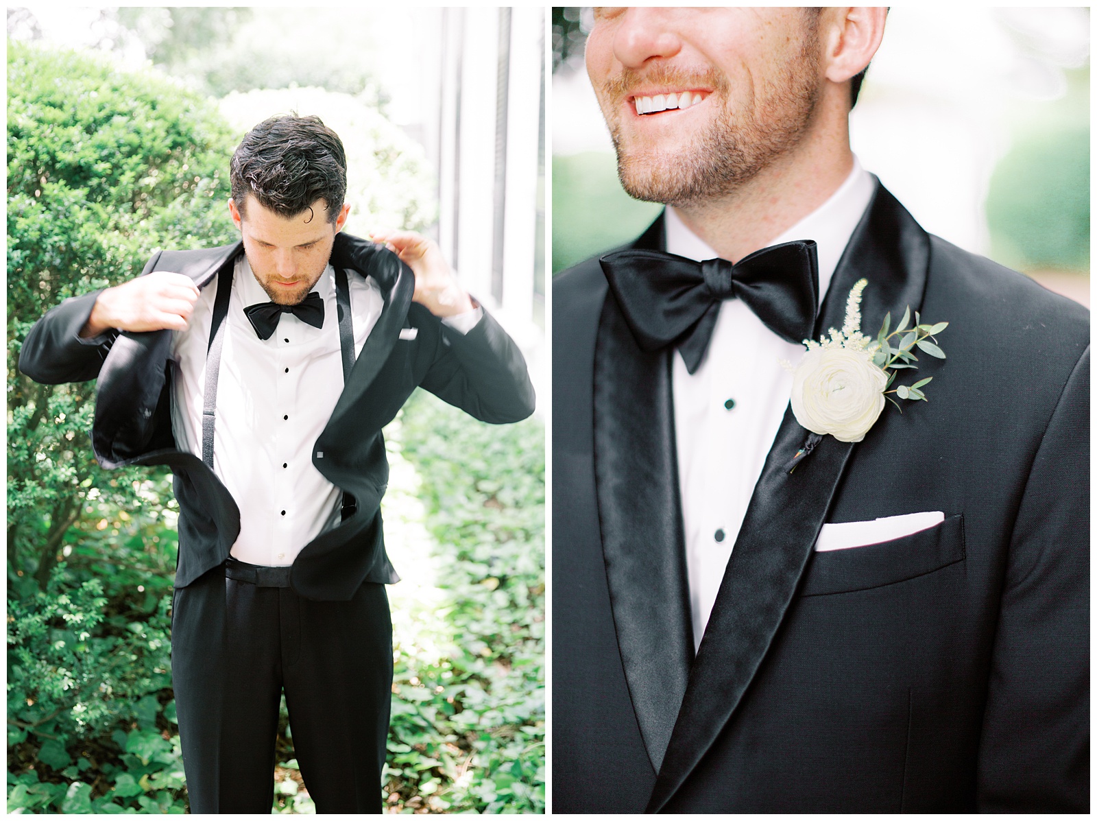 groom adjusts suit jacket before Charlotte NC wedding