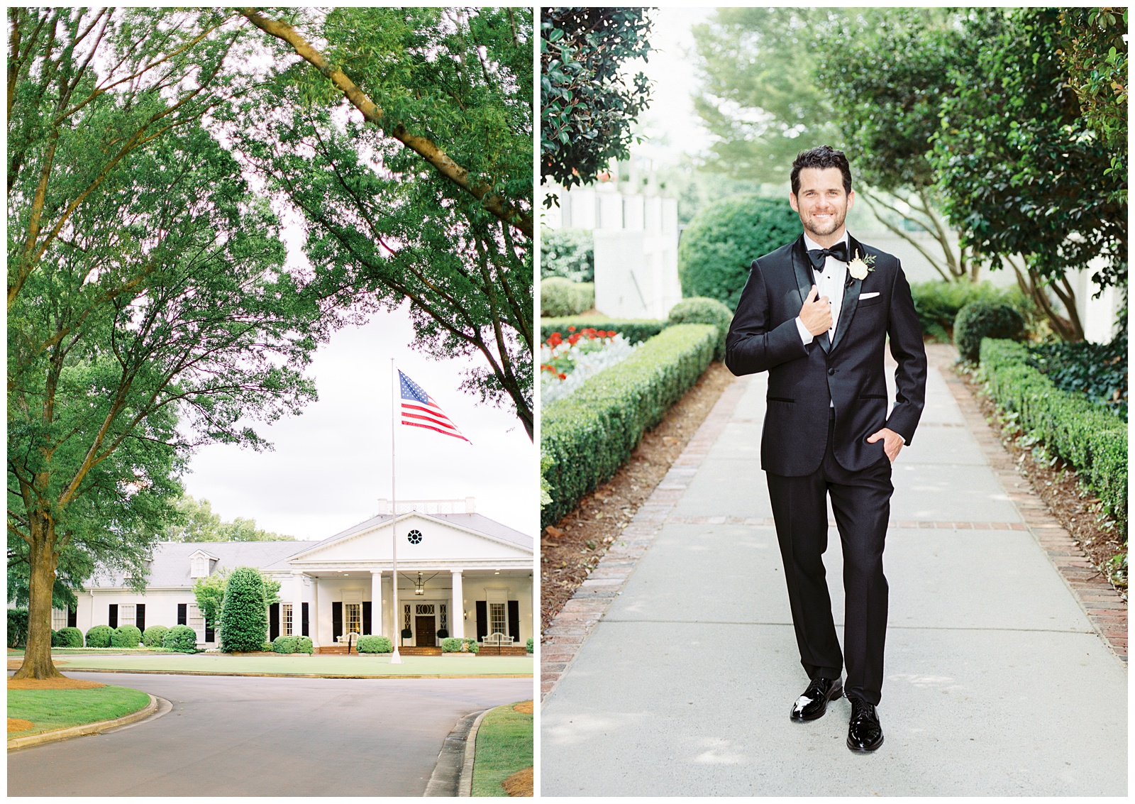 groom walks down sidewalk at Quail Hollow Country Club