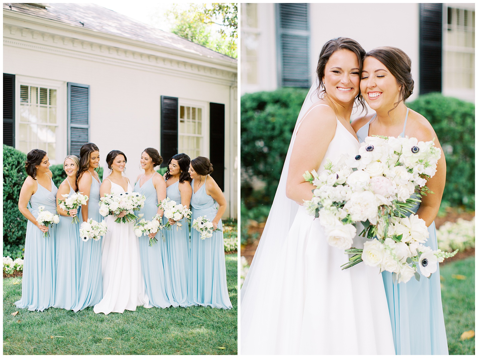 bride poses with bridesmaids in light blue gowns