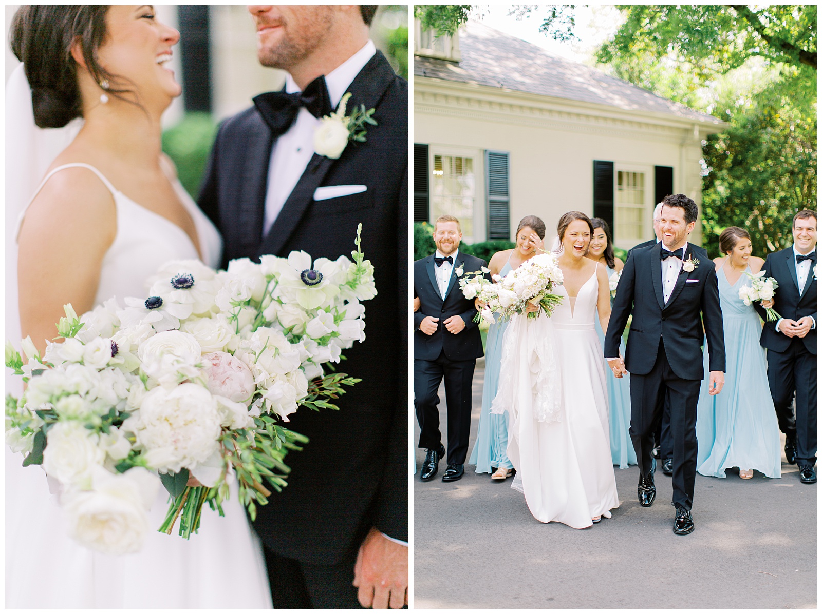 bride and groom laugh during Quail Hollow Country Club wedding portraits with wedding party