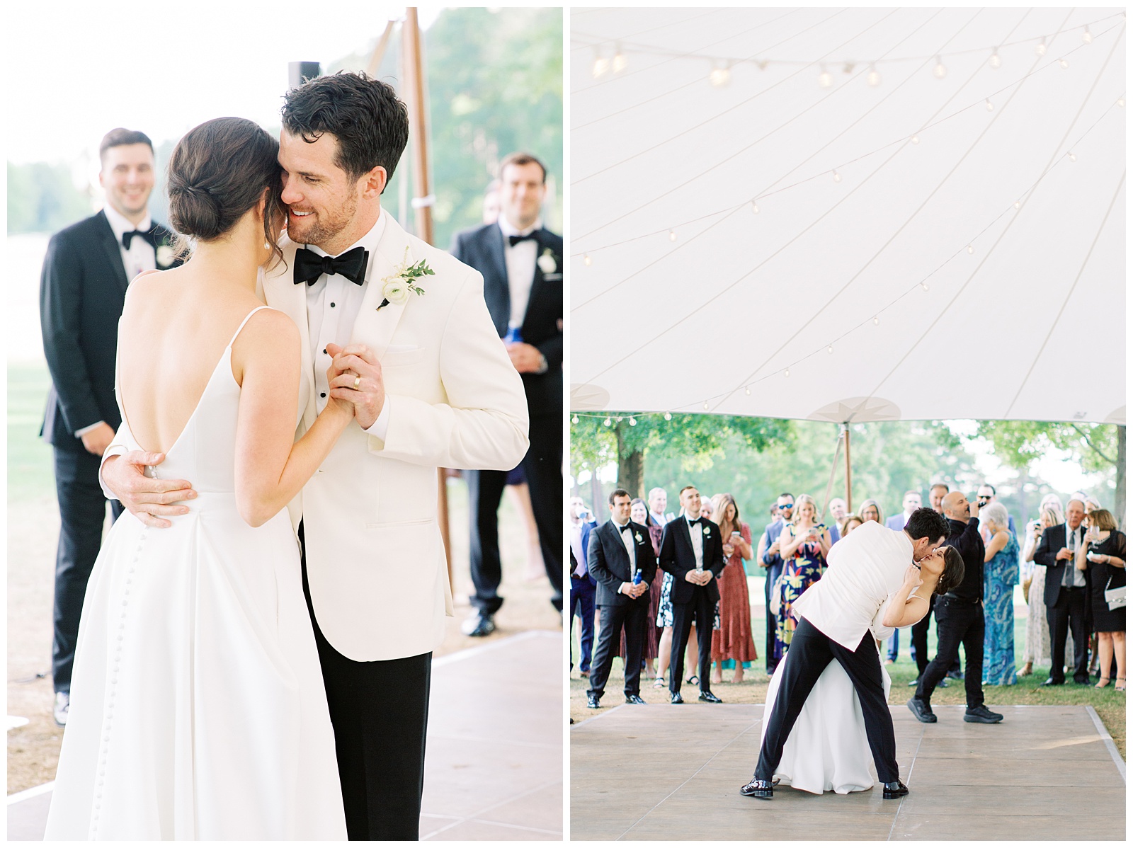 newlyweds dance under tent at wedding reception in Charlotte NC 
