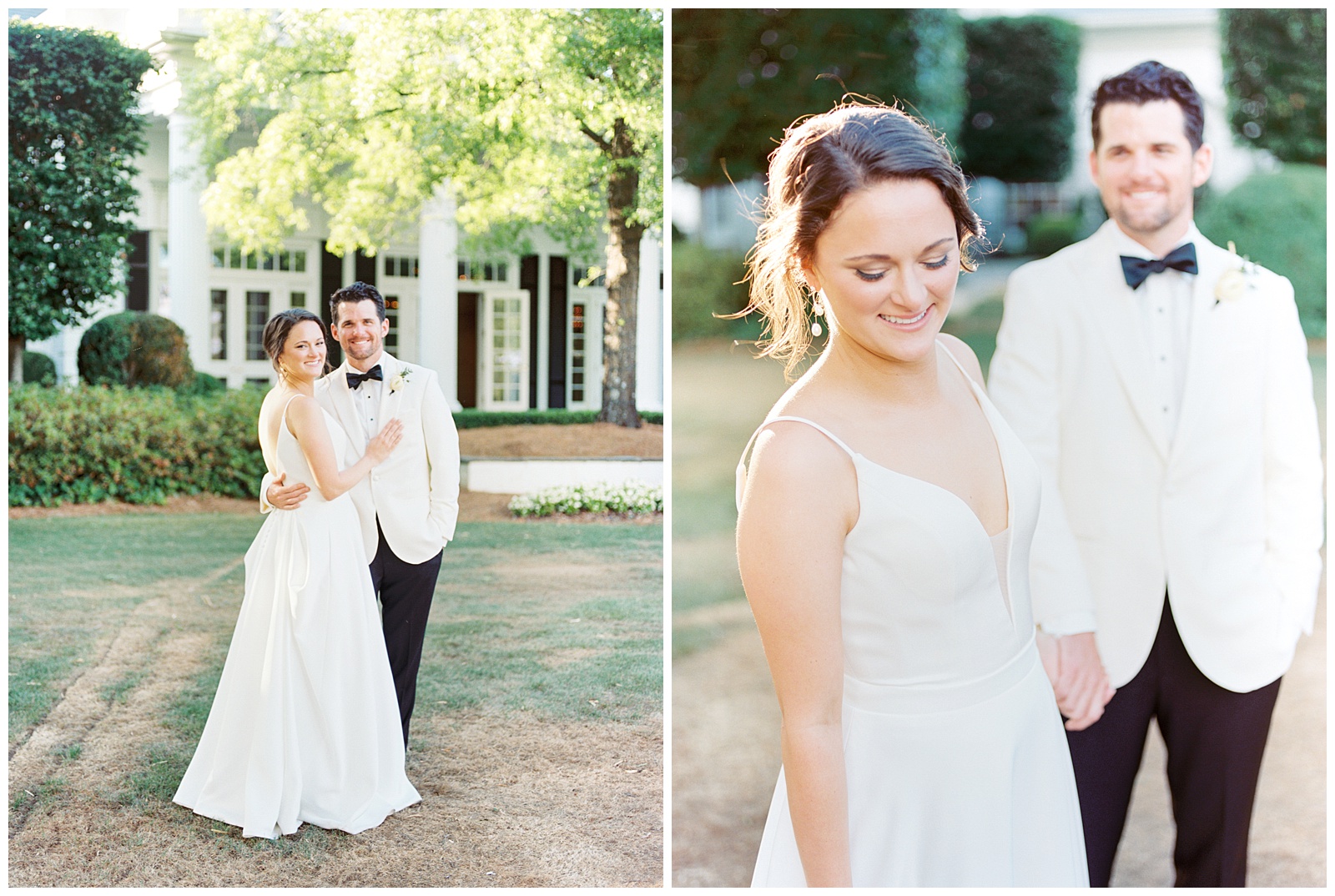 bride and groom hug outside Quail Hollow Country Club in Charlotte NC