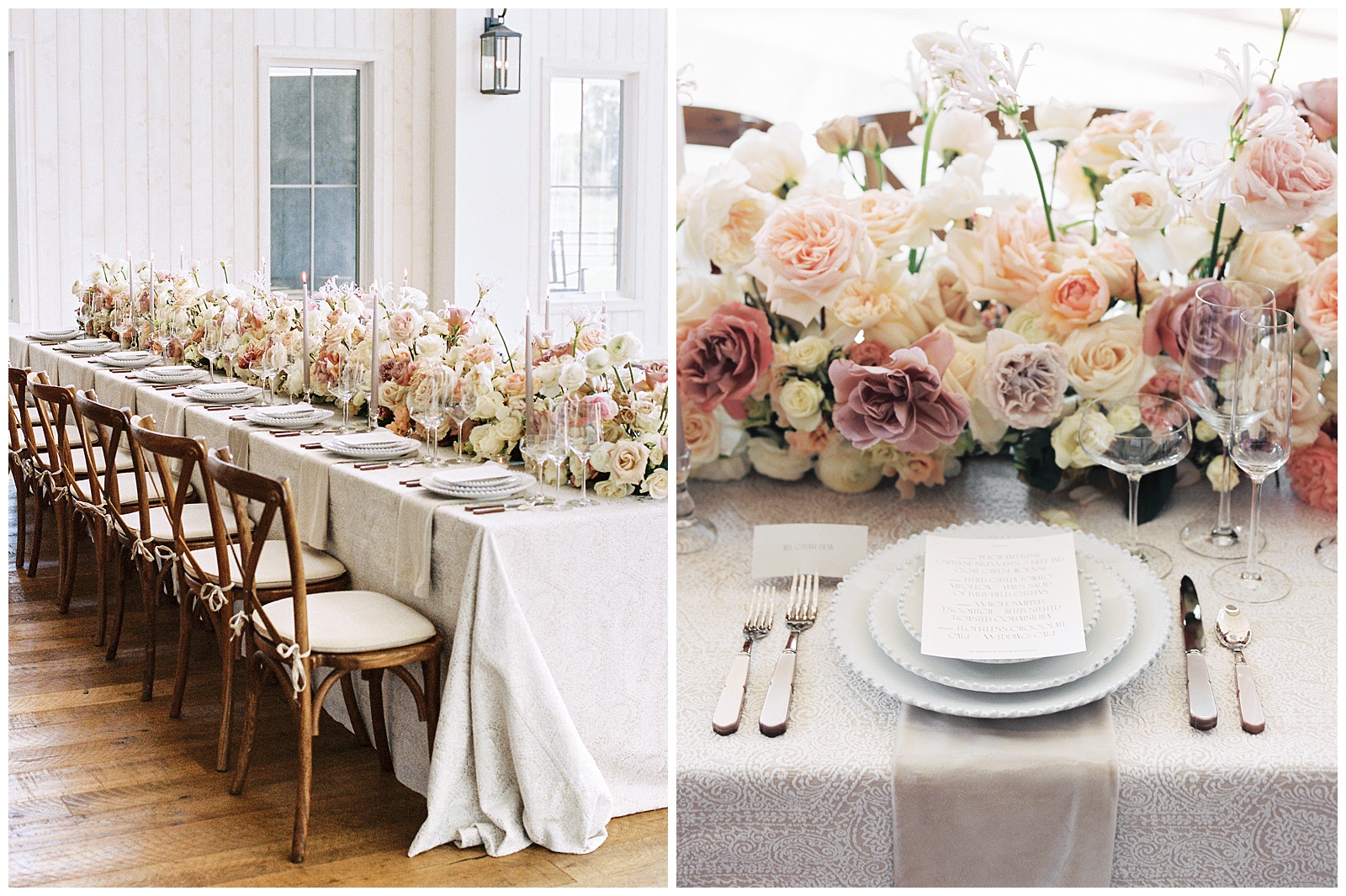 wedding reception inspiration with family style table and pink roses