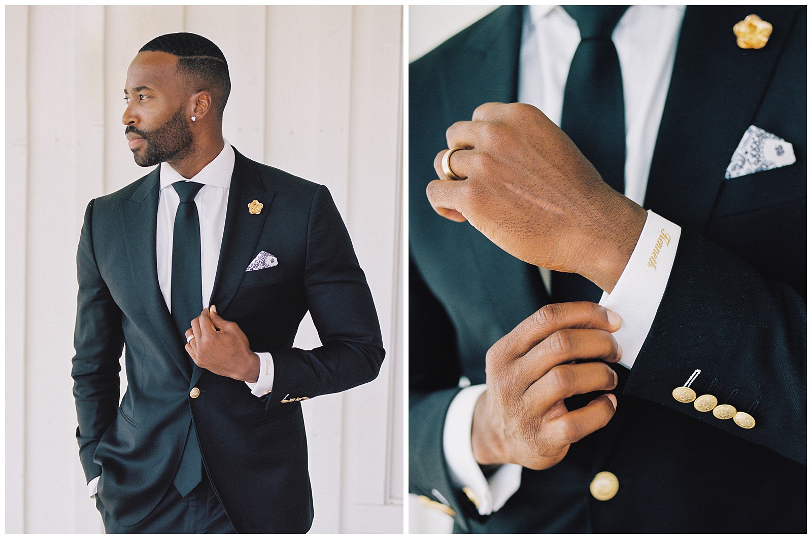 groom adjusts cufflinks on black suit before UT wedding