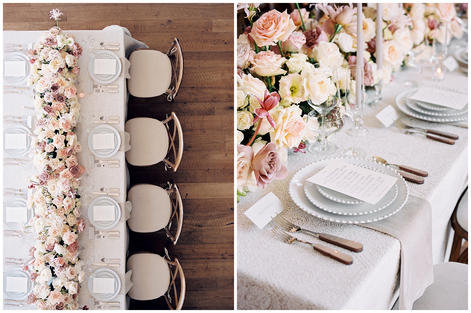 wedding reception details with pink and ivory flowers