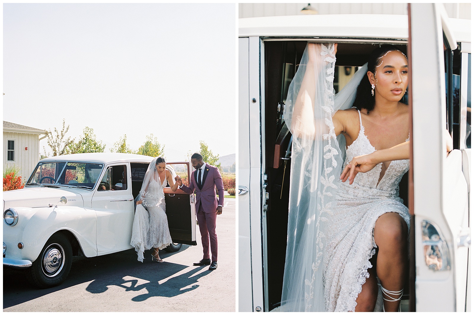 groom helps bride out of white Rolls Royce in Park City UT