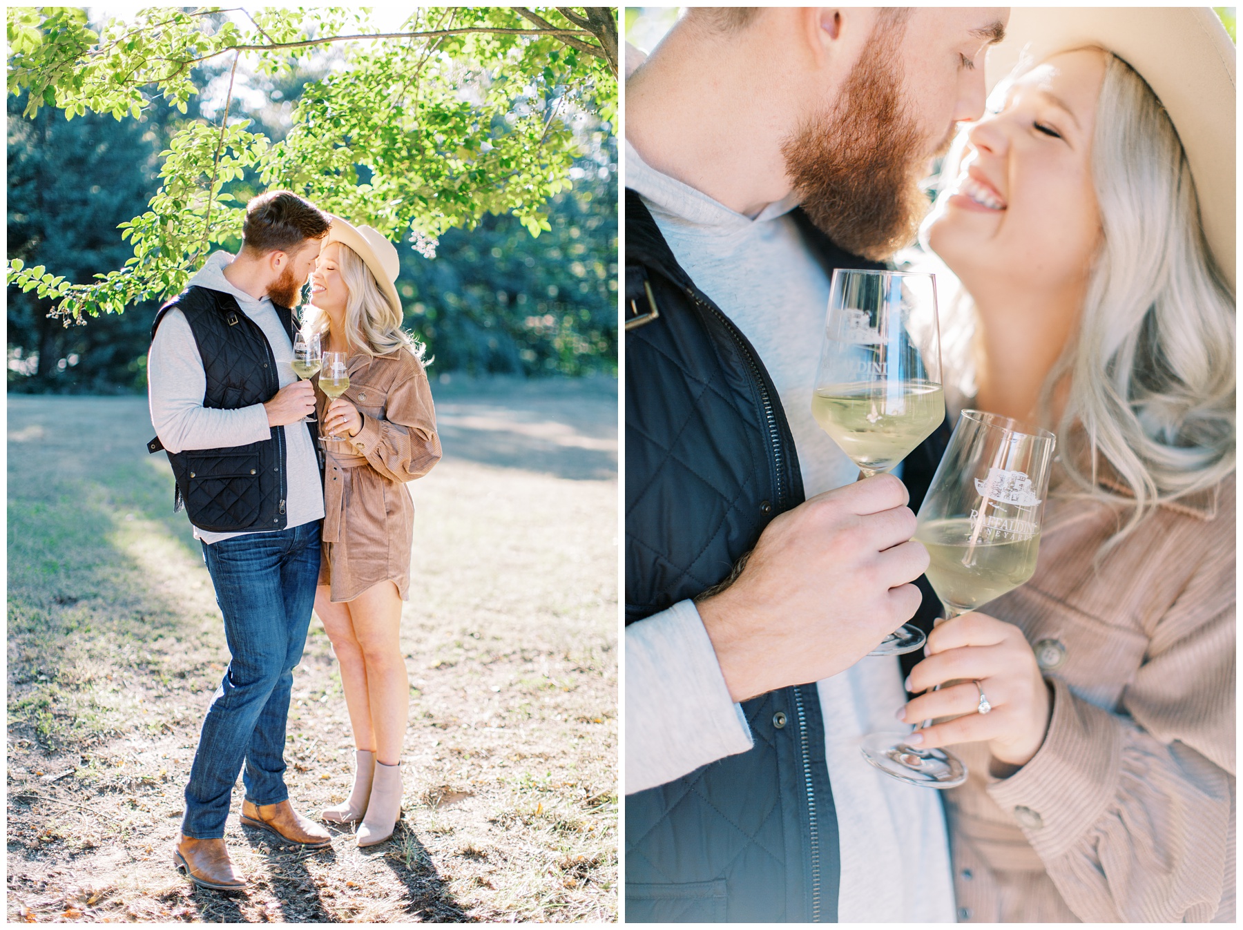 couple poses with glasses of white wine from Raffaldini Vineyards in Ronda NC
