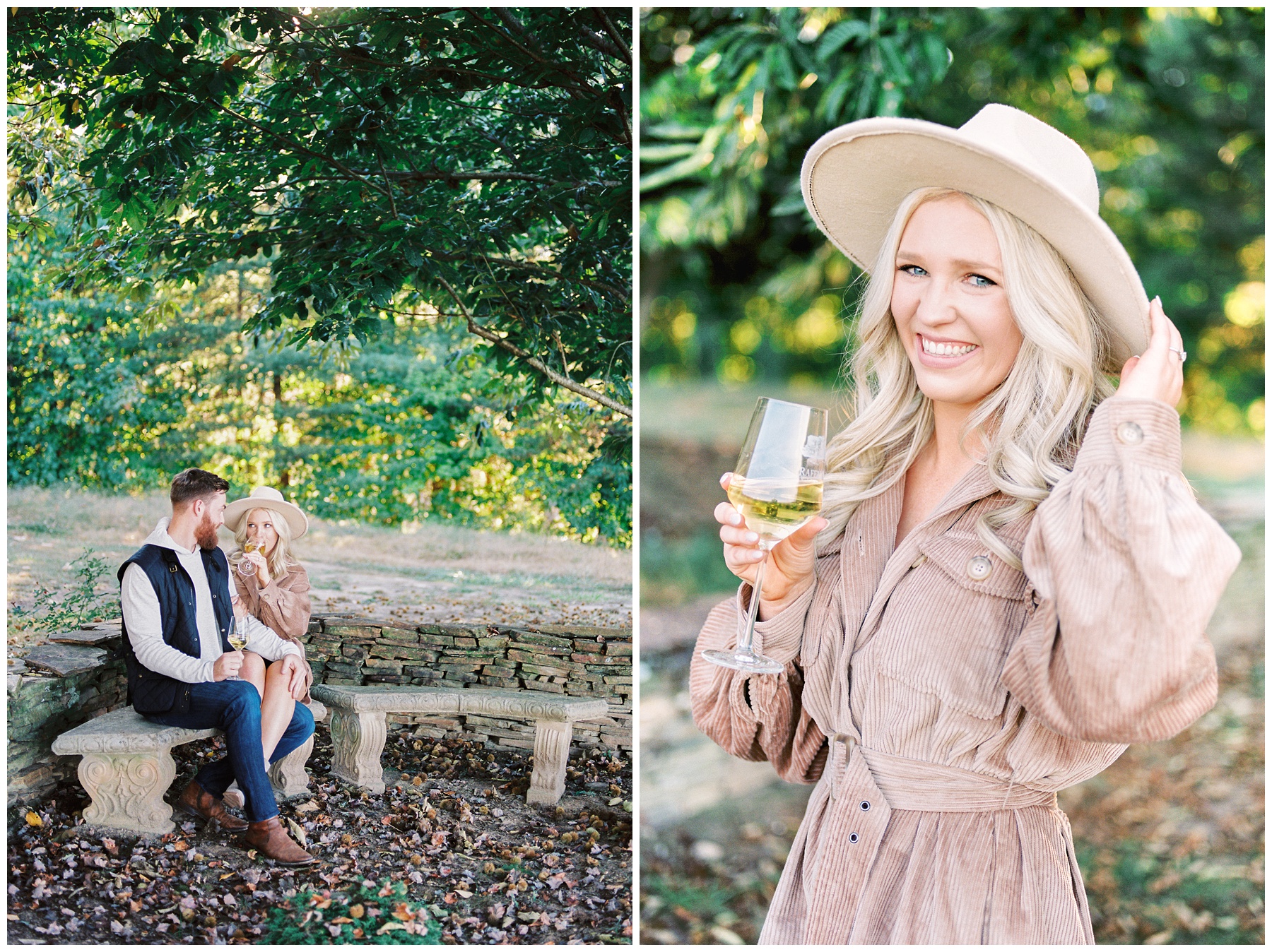 bride holds glass of white wine and edge of wide brimmed hat during Raffaldini Vineyards engagement session