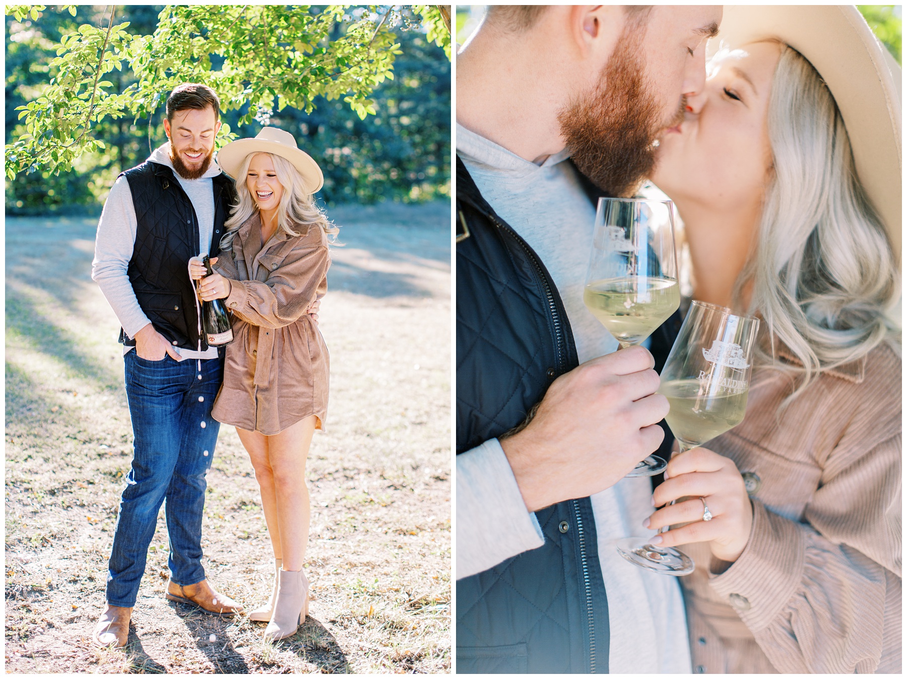 bride pops bottle of champagne during NC engagement portraits at vineyard 
