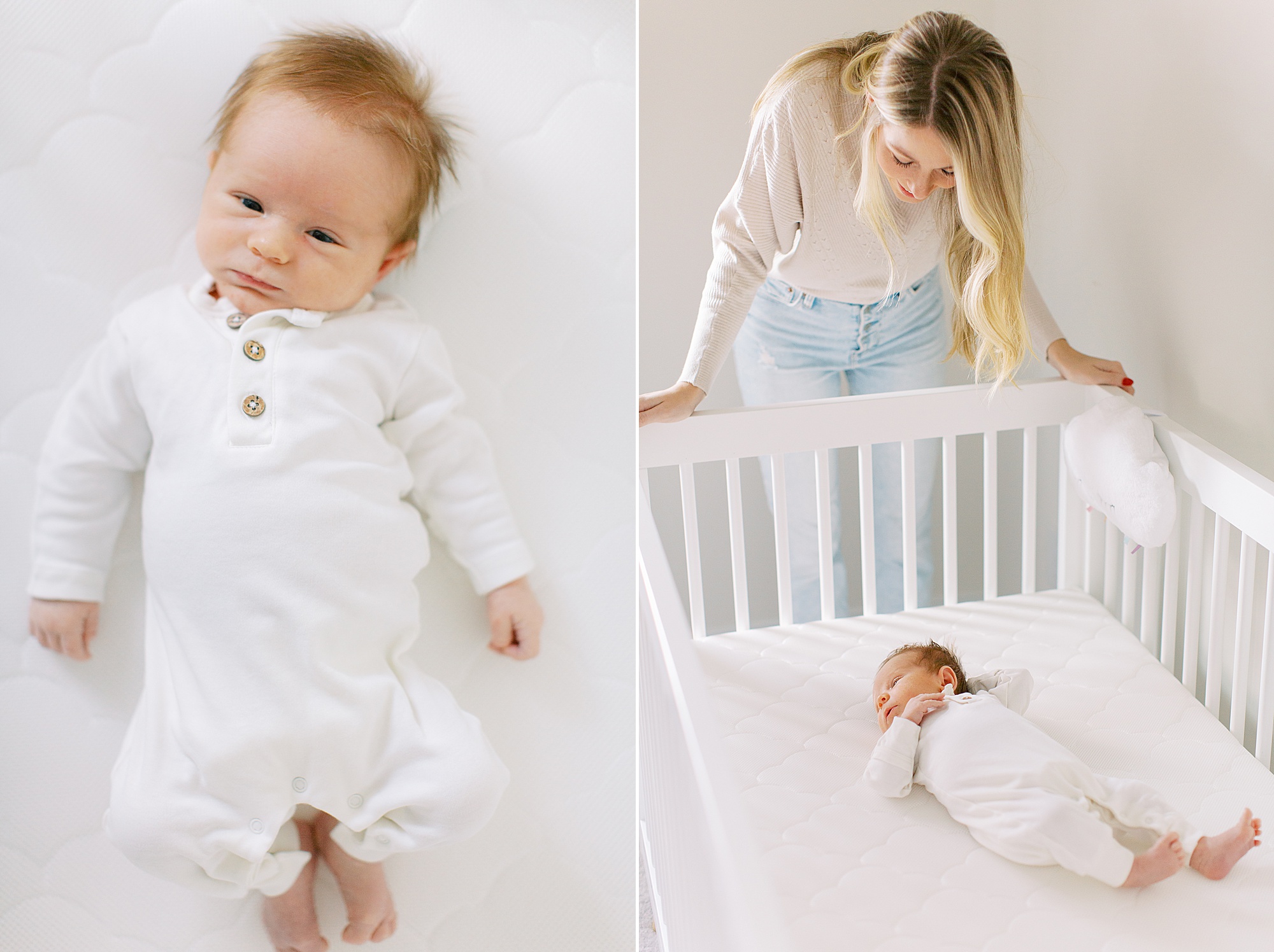 baby boy lays in crib in white sleeper during lifestyle newborn session