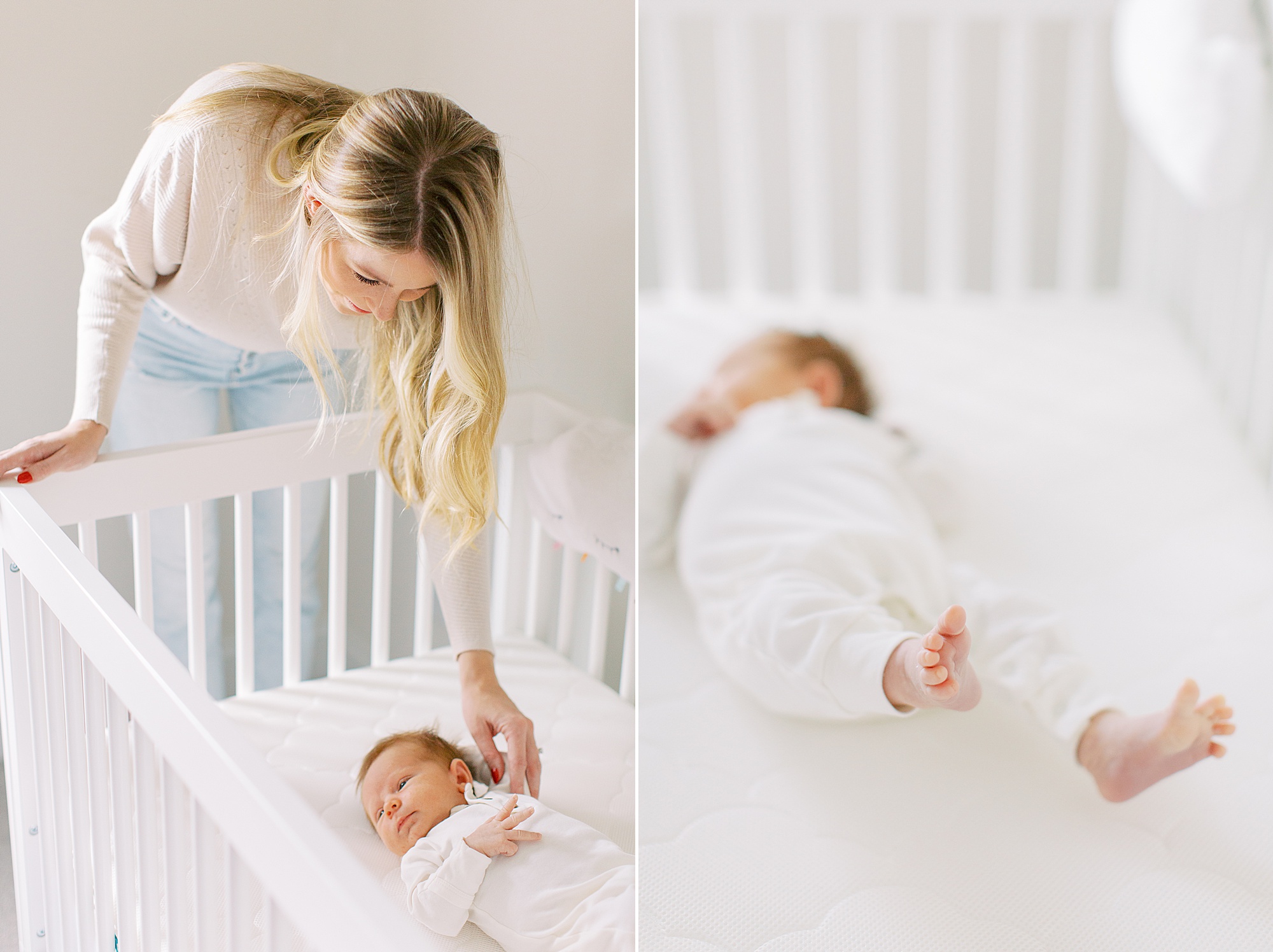 mom reaches into crib to touch baby boy during Charlotte newborn session