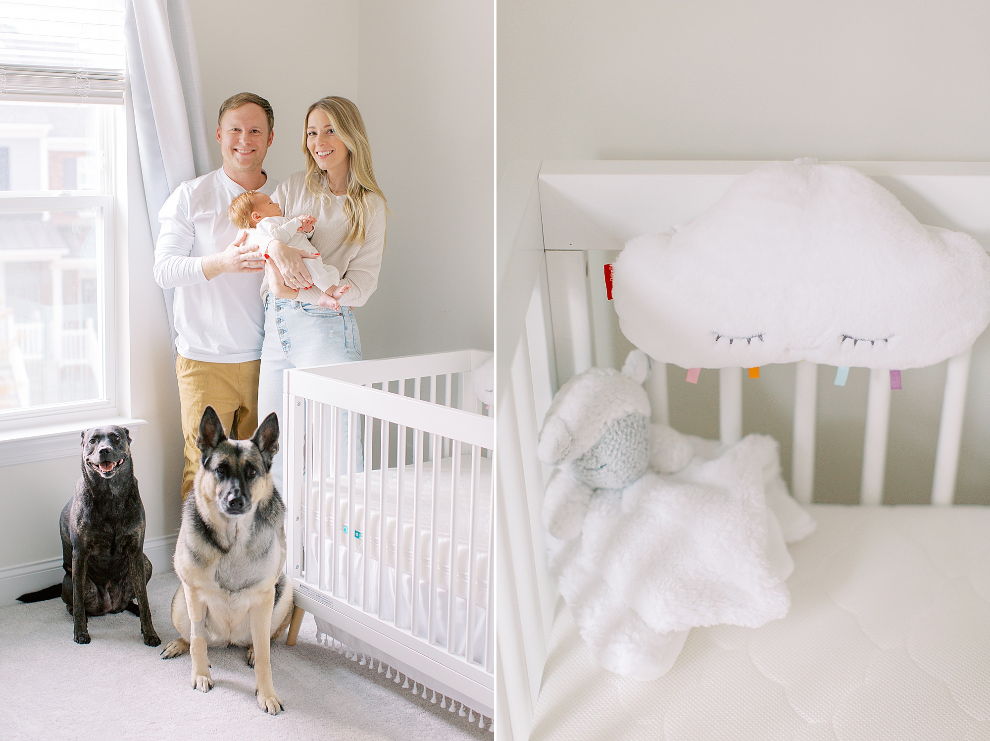 new parents hold son by crib with two dogs
