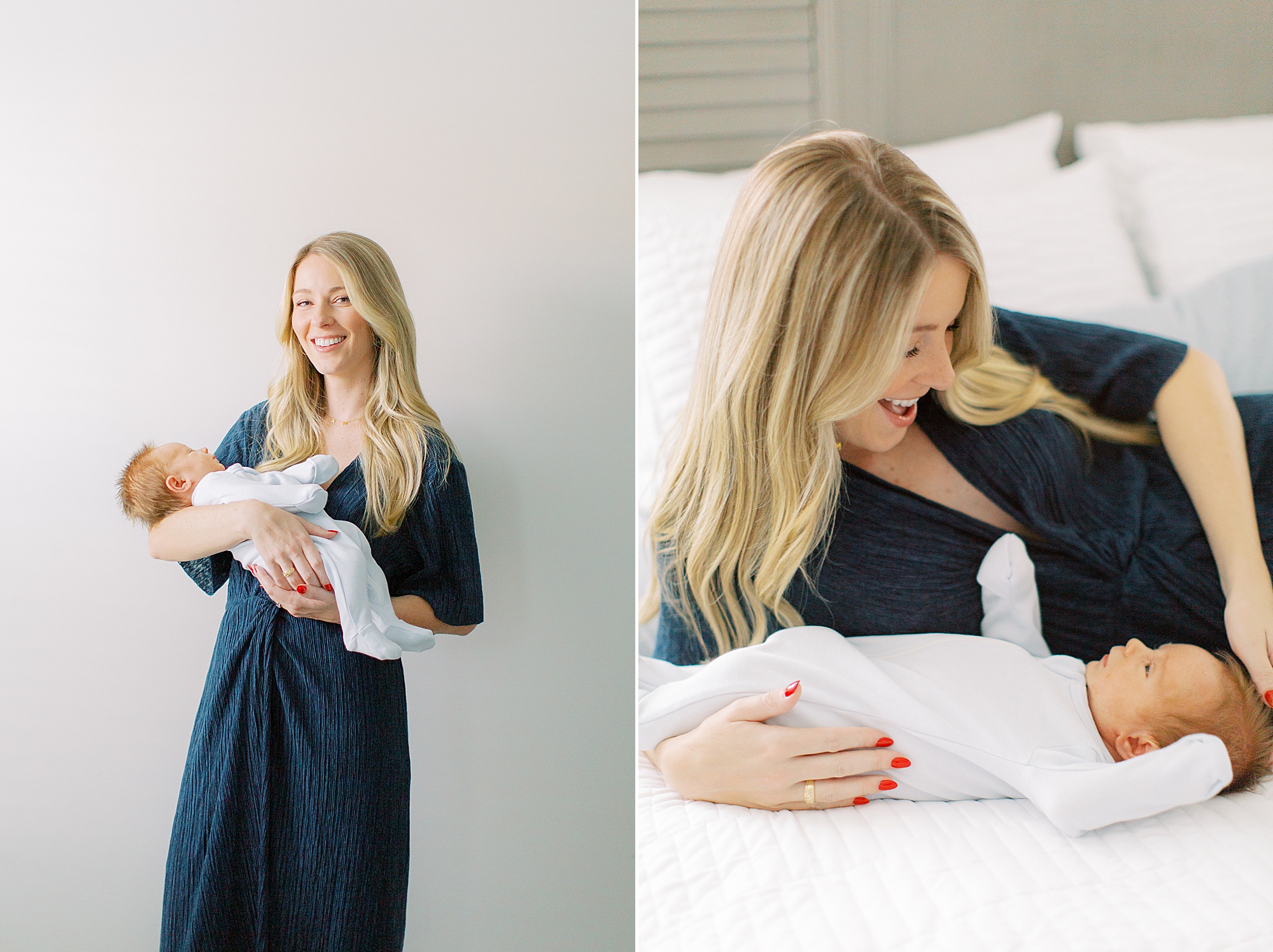 mom lays on bed with baby boy during newborn session at home