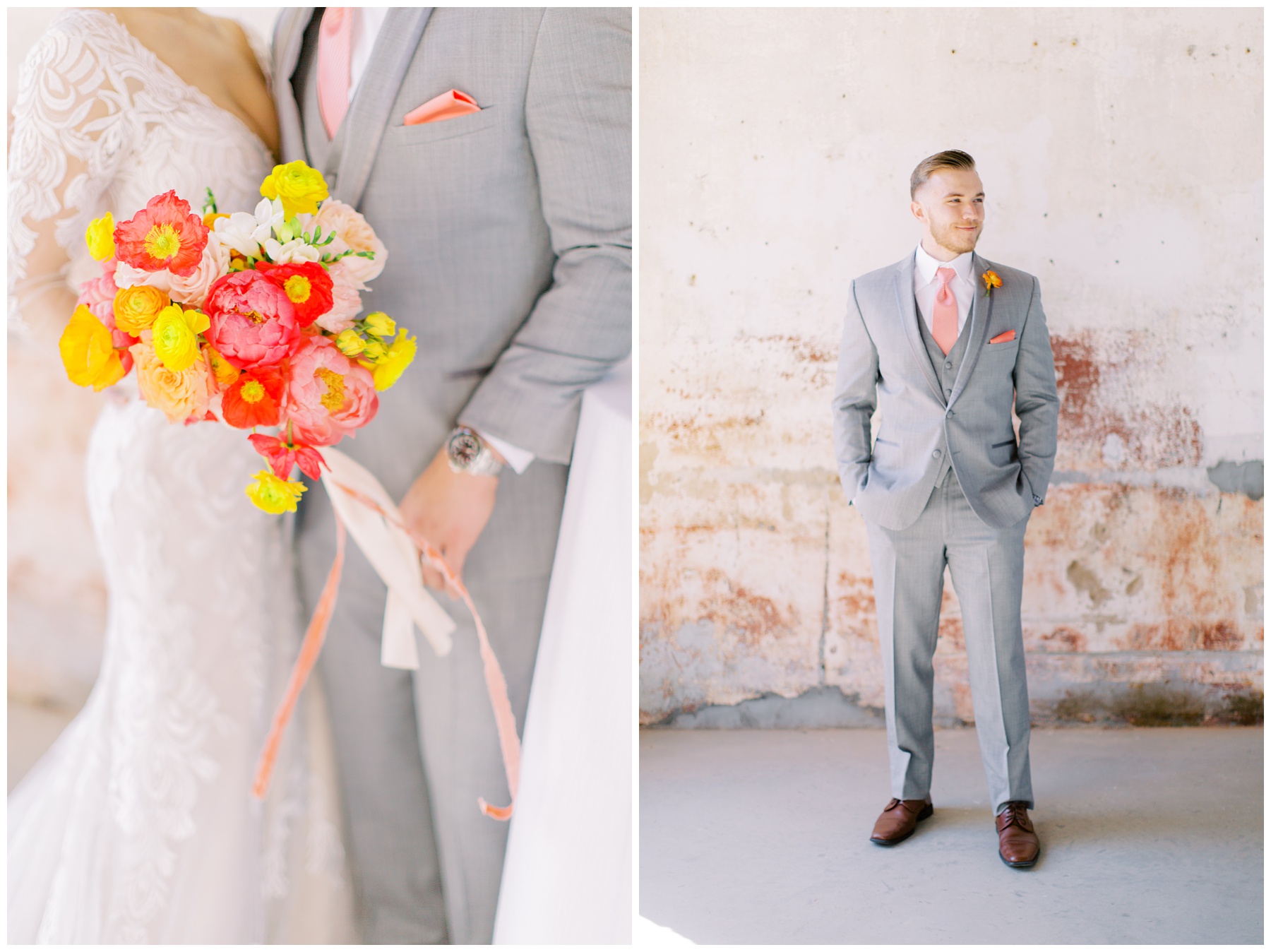 bride holds bouquet of pink and yellow flowers at Providence Cotton Mill 