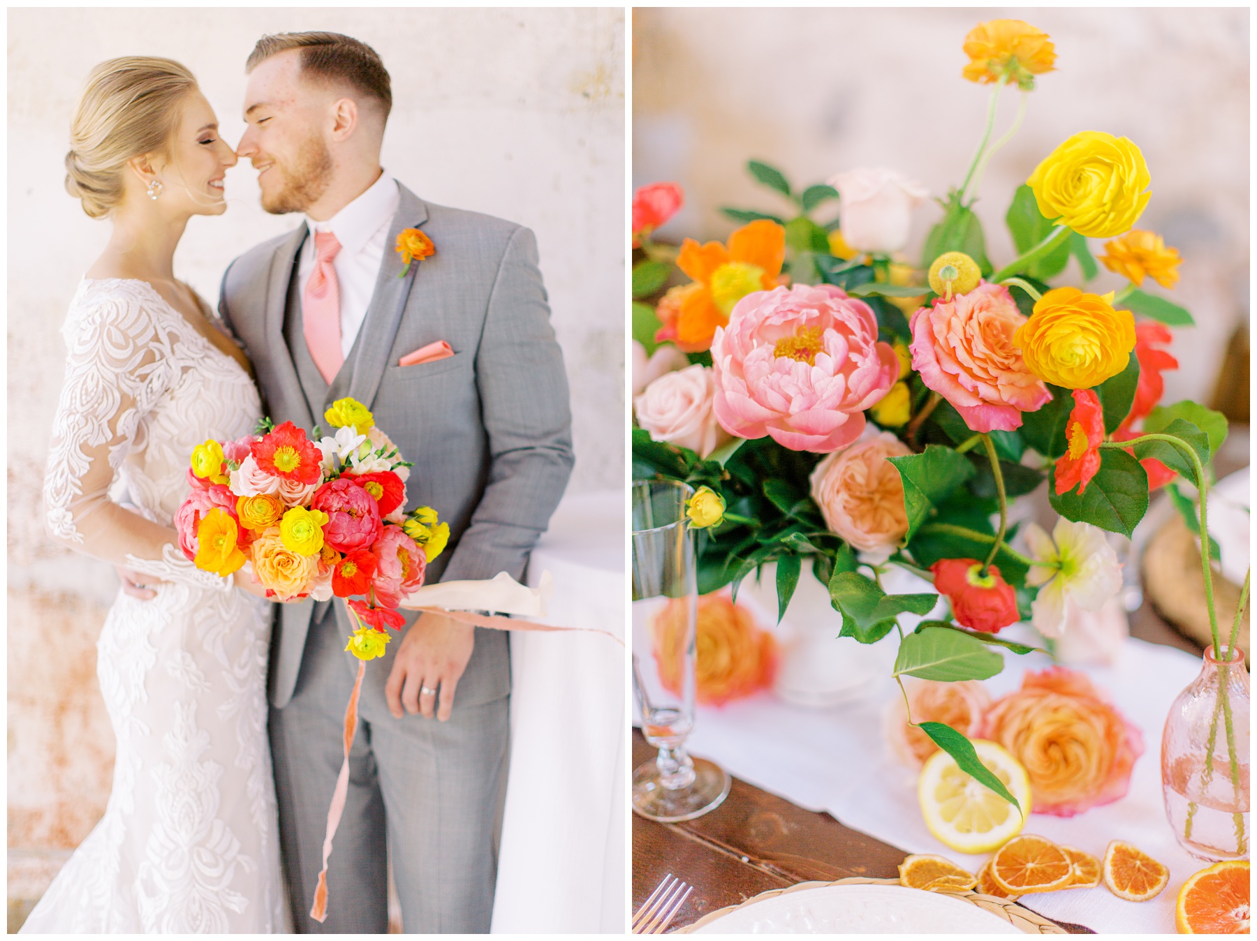 bride and groom nuzzle noses next to bright floral centerpieces at Providence Cotton Mill