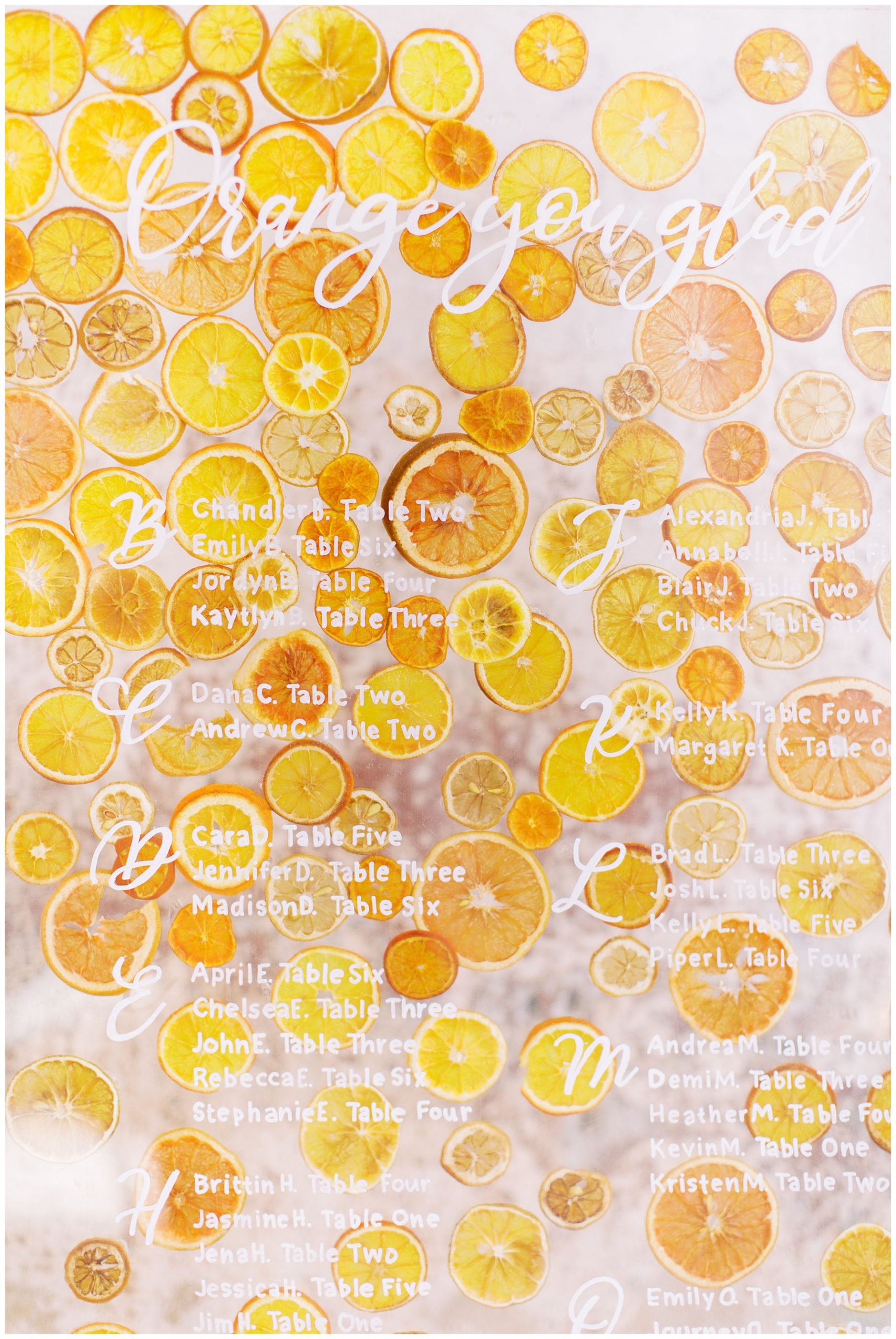 seating cart with lemon slices behind calligraphy for citrus inspired wedding editorial at Providence Cotton Mill 