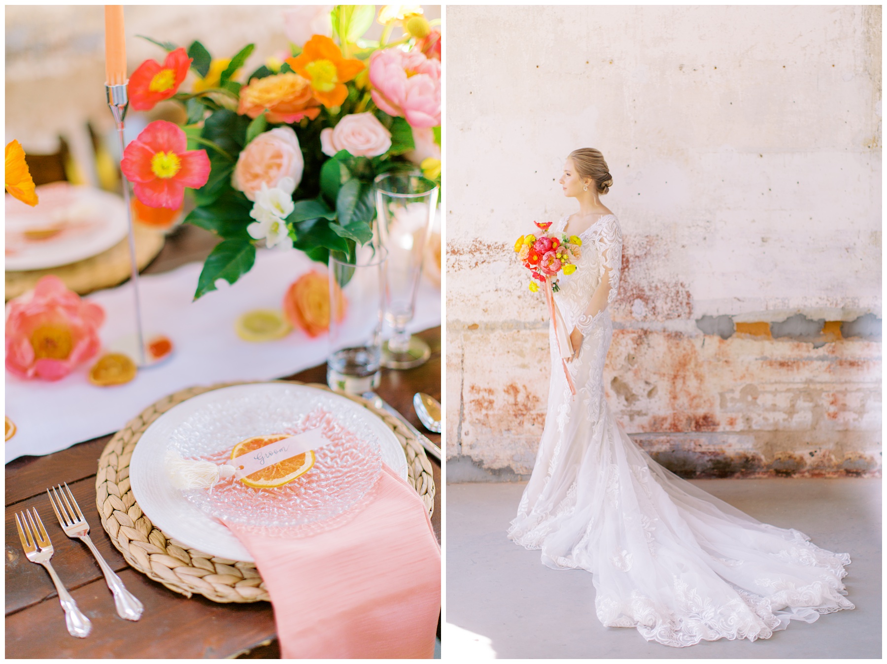 bride holds bright bouquet in lace detailed gown next to citrus inspired place settings