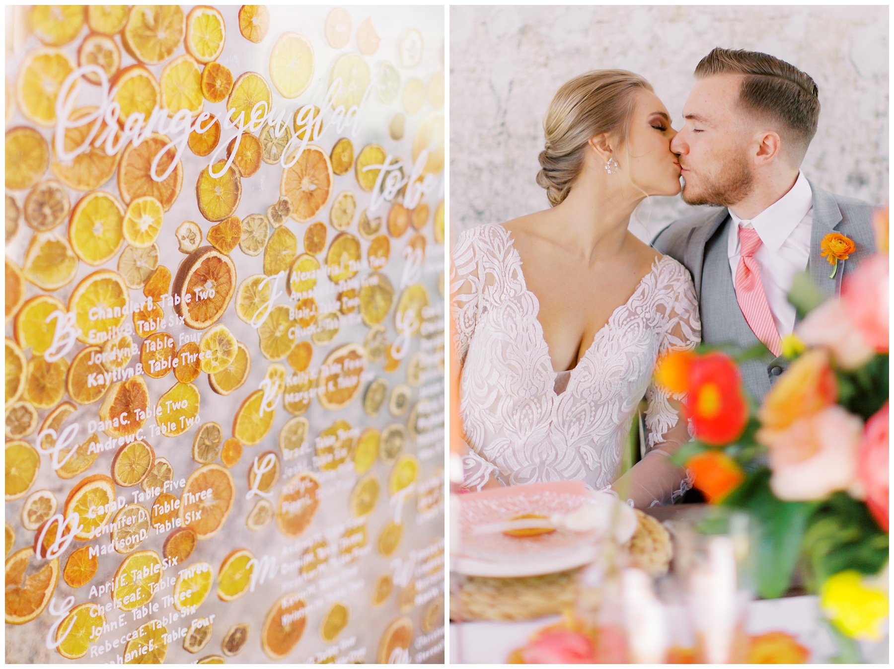 newlyweds kiss next to citrus inspired seating chart for citrus inspired wedding editorial 