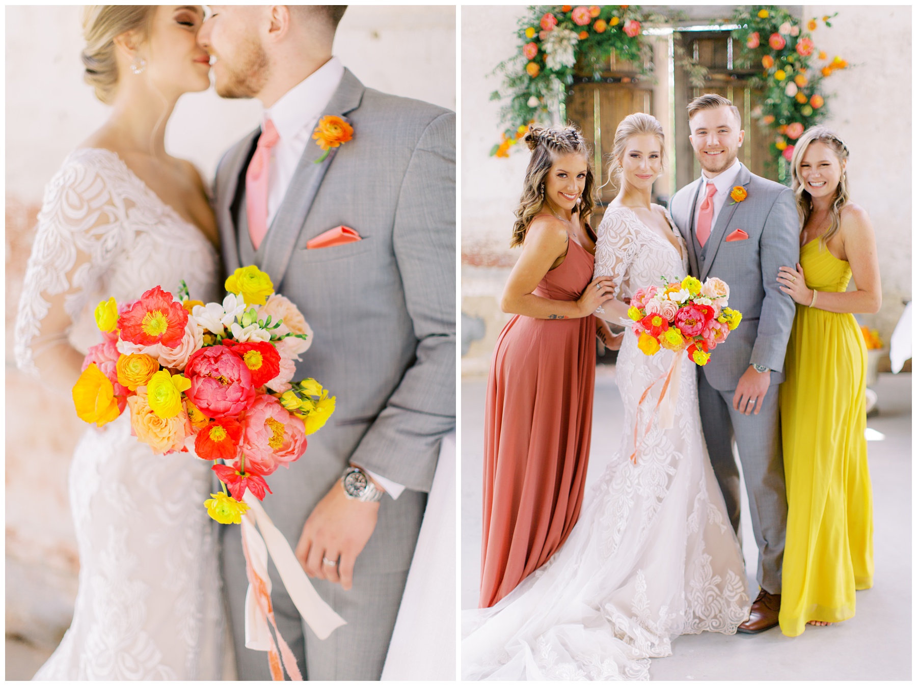 bride and groom kiss with bridesmaids in bright dresses next to them 