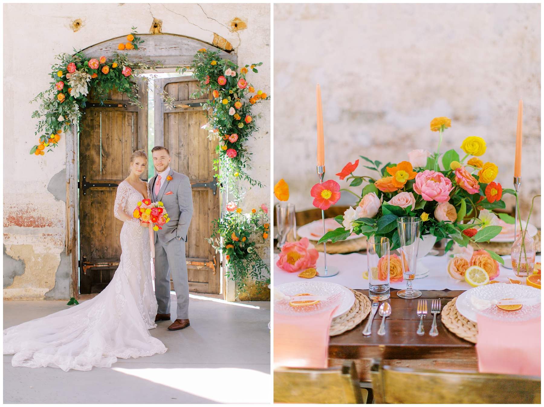 bride and groom pose by wooden doors during citrus inspired wedding editorial at Providence Cotton Mill 