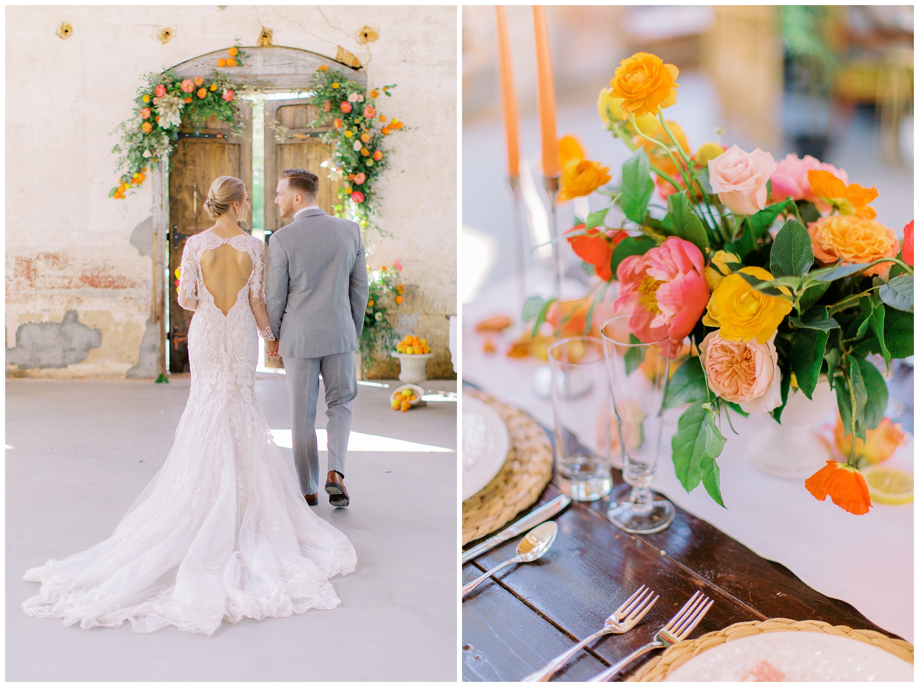 bride and groom walk towards wooden doors with bright floral decor at Providence Cotton Mill