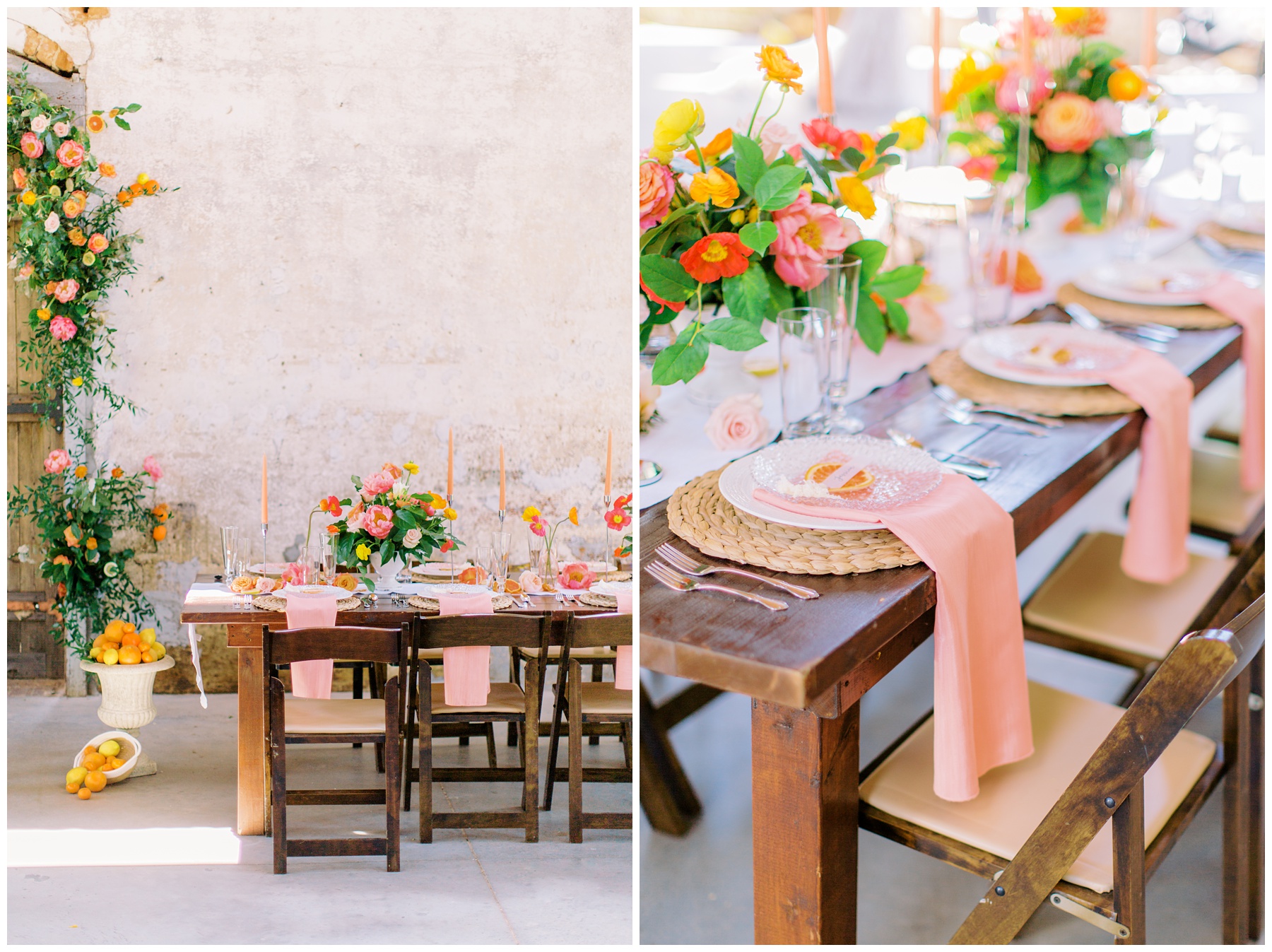 bright reception details for citrus inspired wedding at Providence Cotton Mill 
