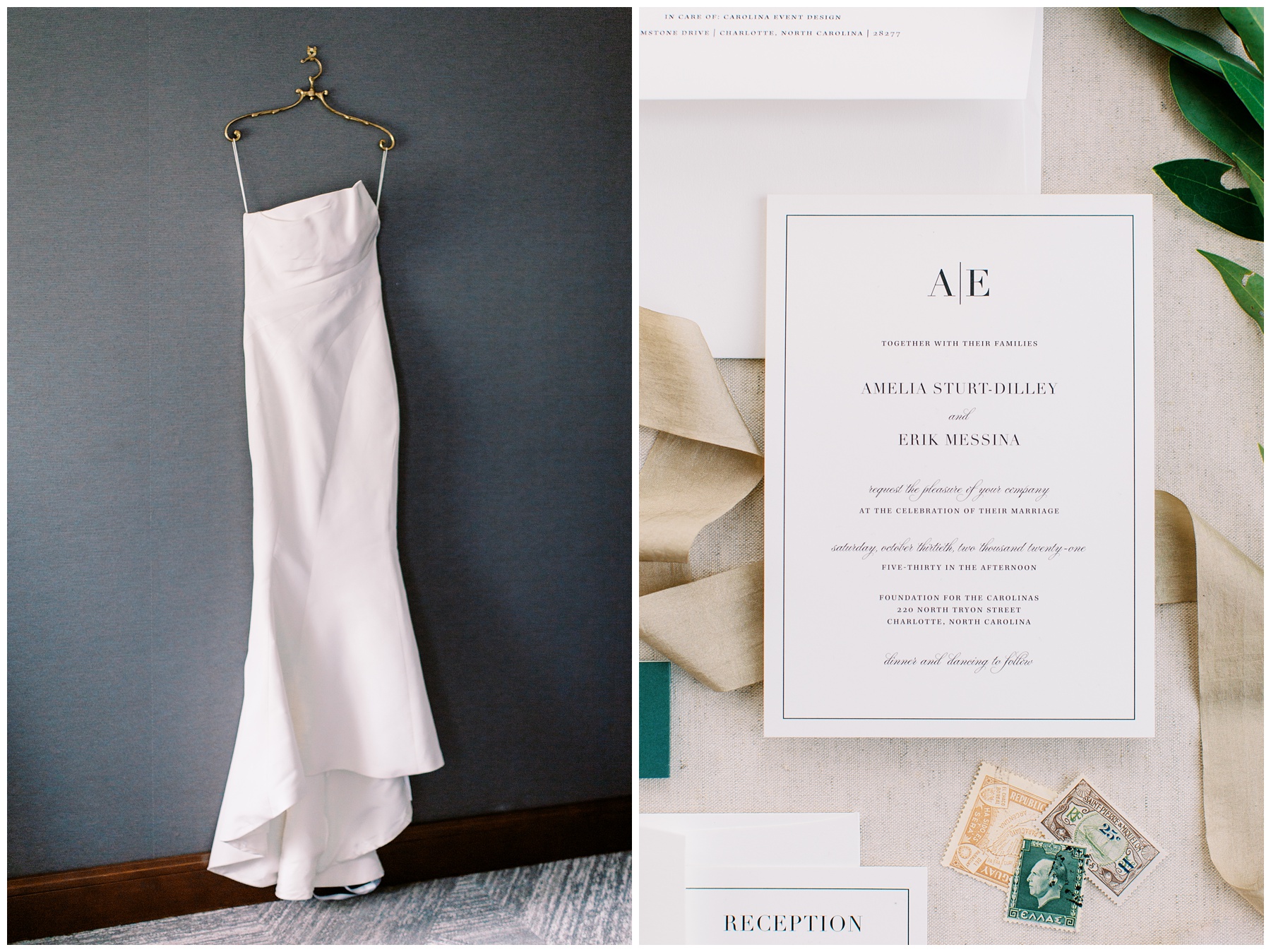 modern wedding details including wedding gown and emerald vintage stamps for invitations 