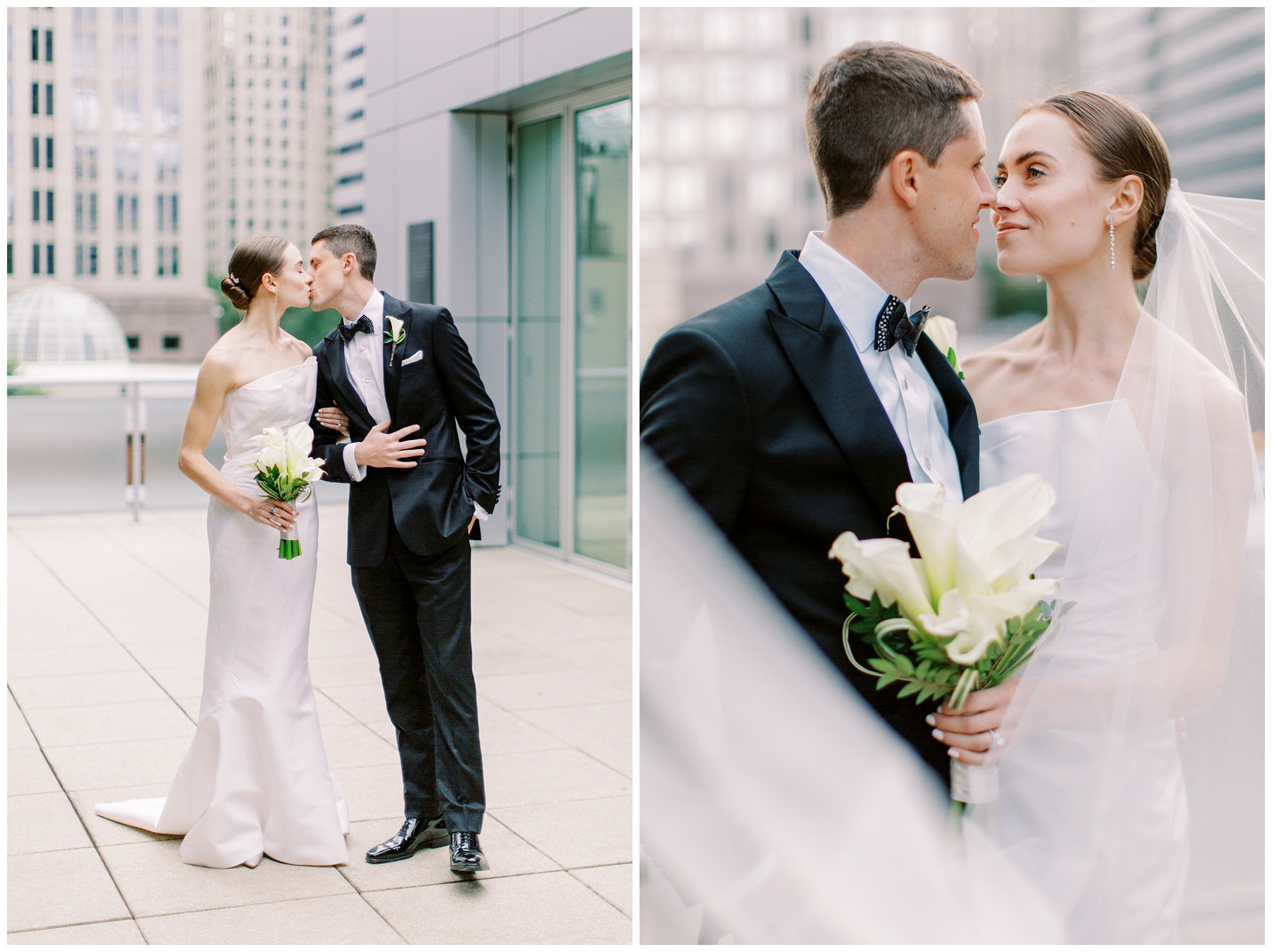 newlyweds kiss on balcony during wedding portraits in Charlotte NC