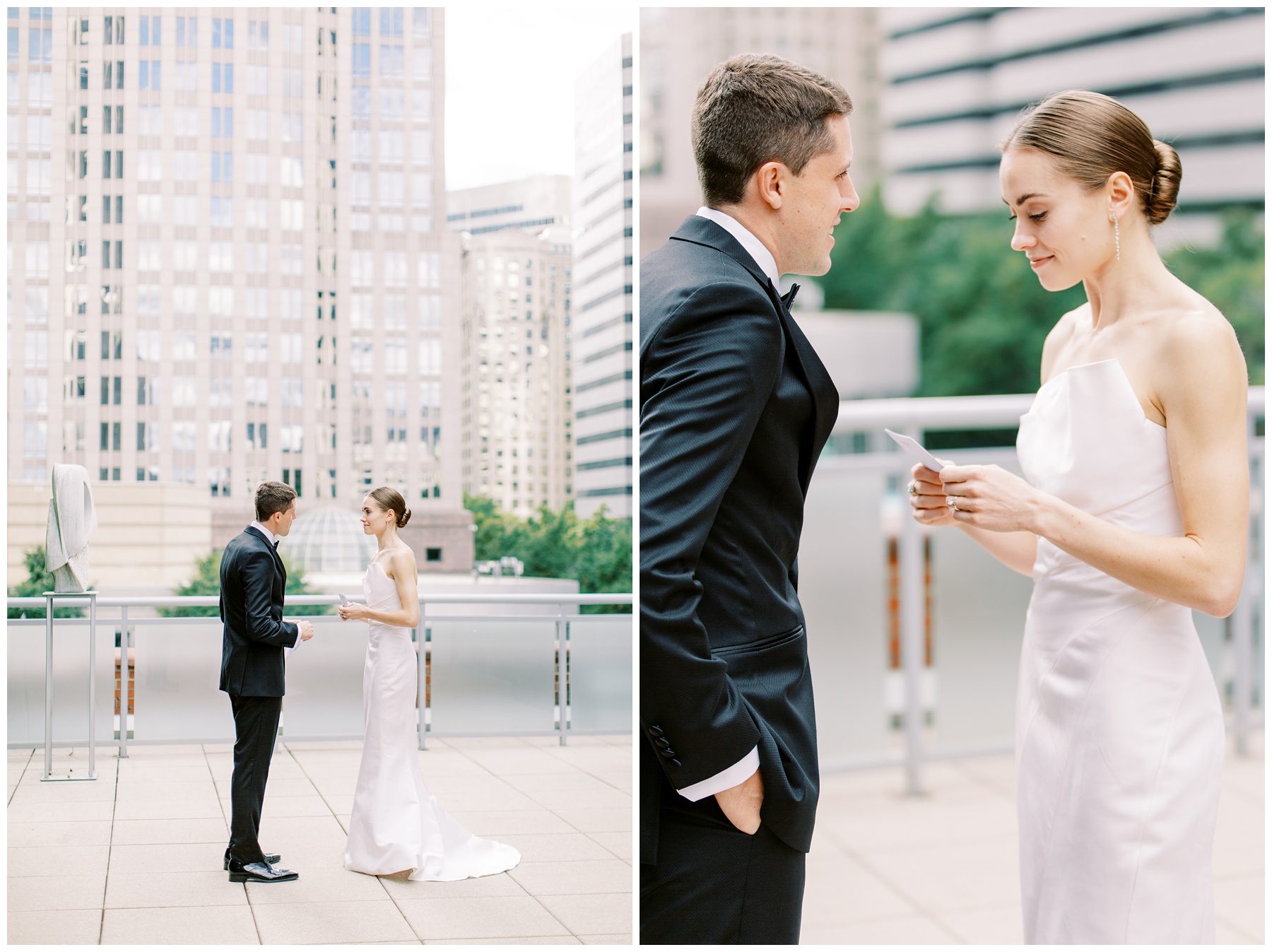 bride and groom read letters during first look in Charlotte 