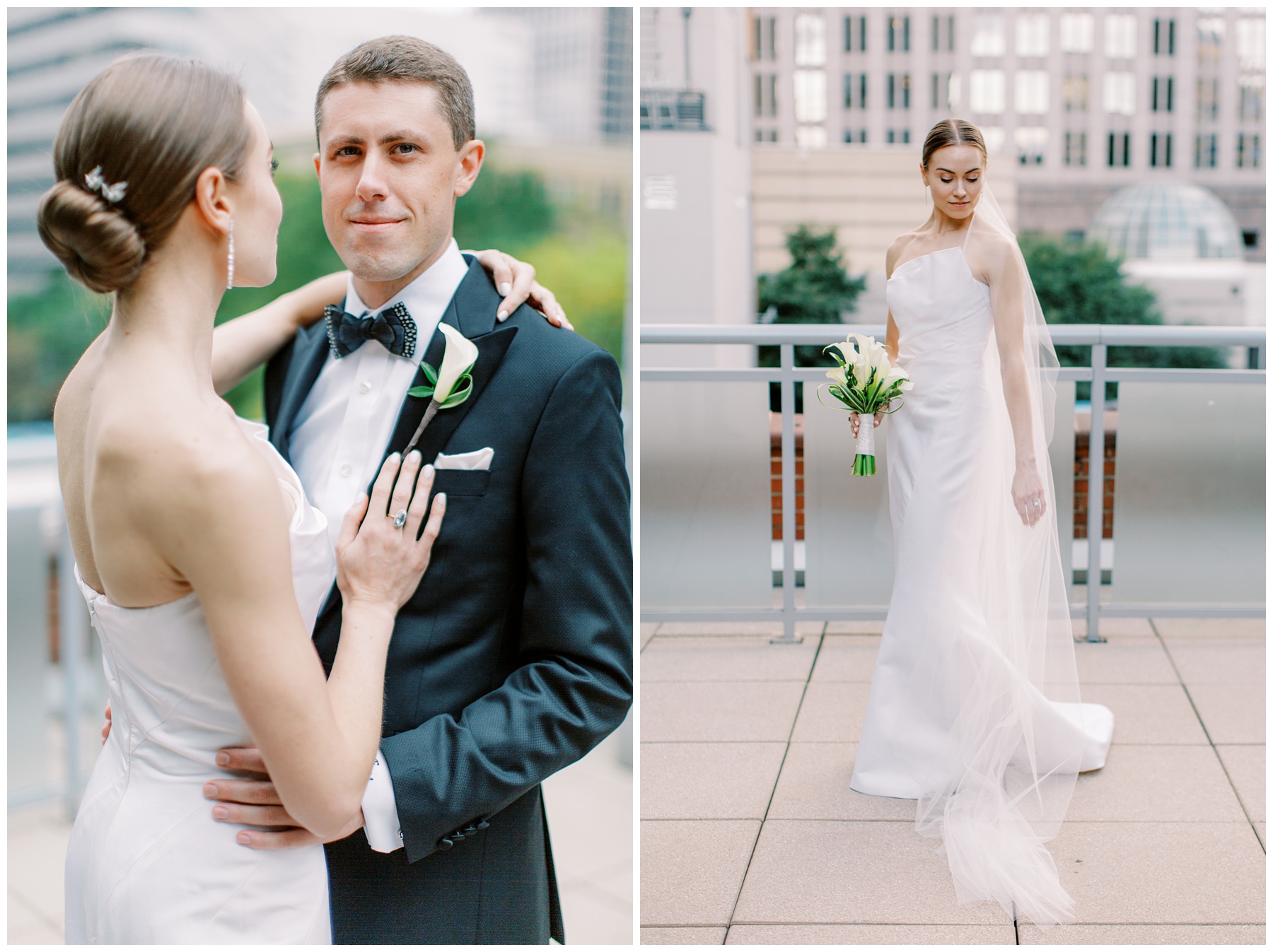 bride poses on balcony with Charlotte skyline behind her with veil wrapped around shoulders