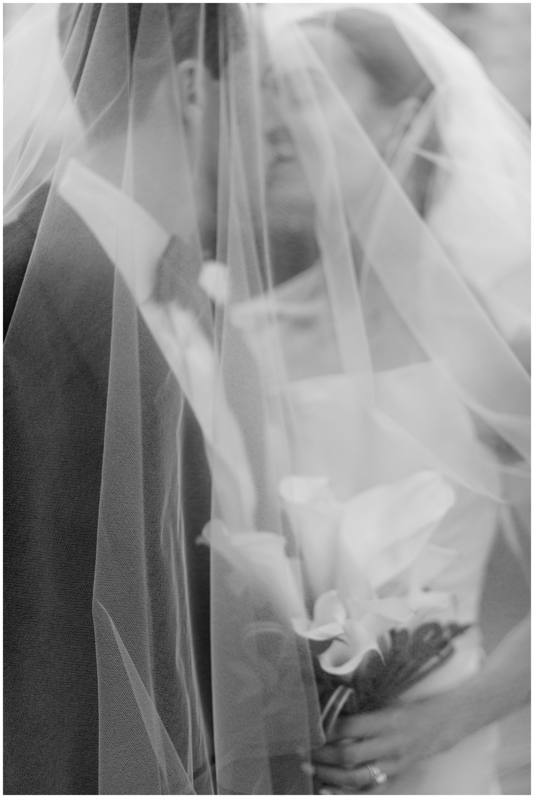bride and groom kiss under bride's veil in black and white photo
