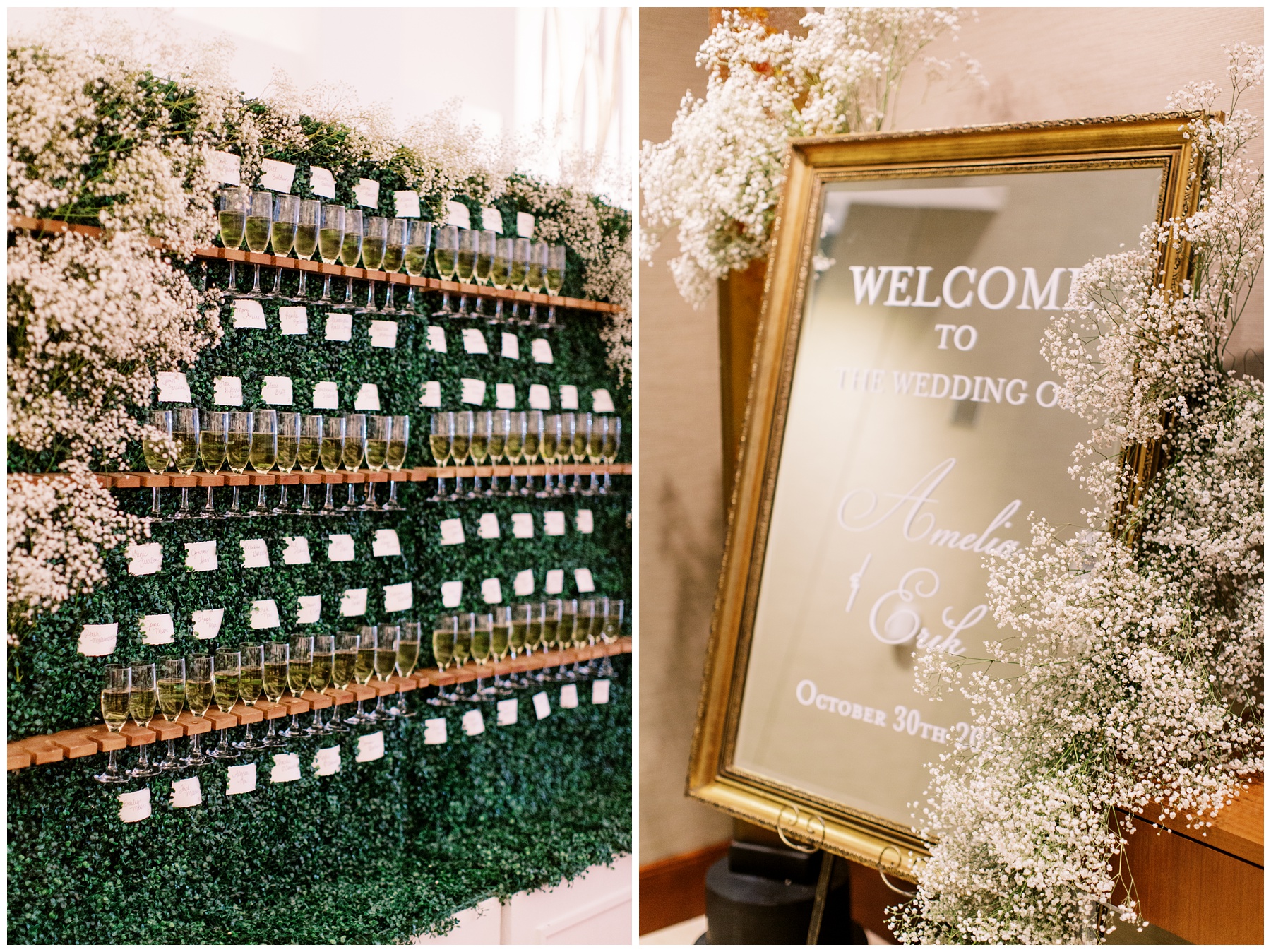 champagne wall and gold mirror welcome sign for reception at the Foundation for the Carolinas