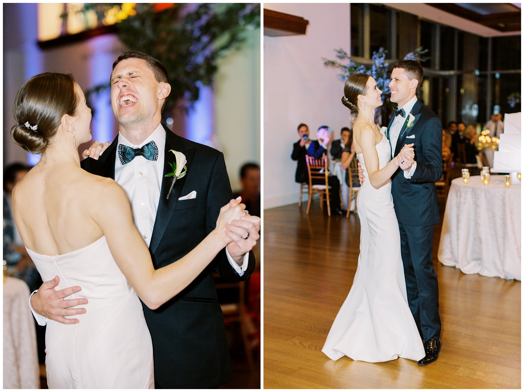 bride and groom laugh on dance floor during NC wedding reception