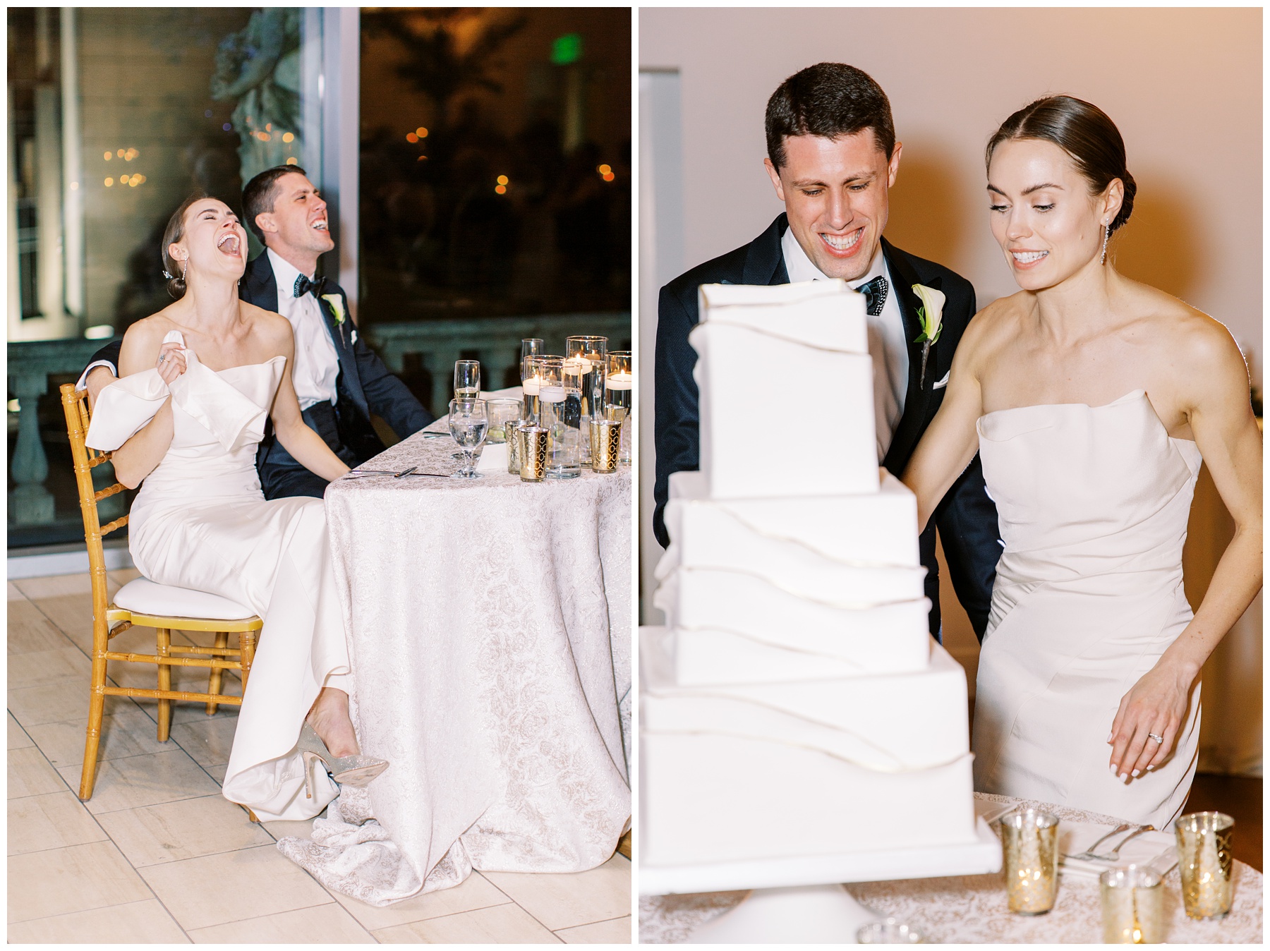 newlyweds laugh during toasts and cut wedding cake at NC reception 