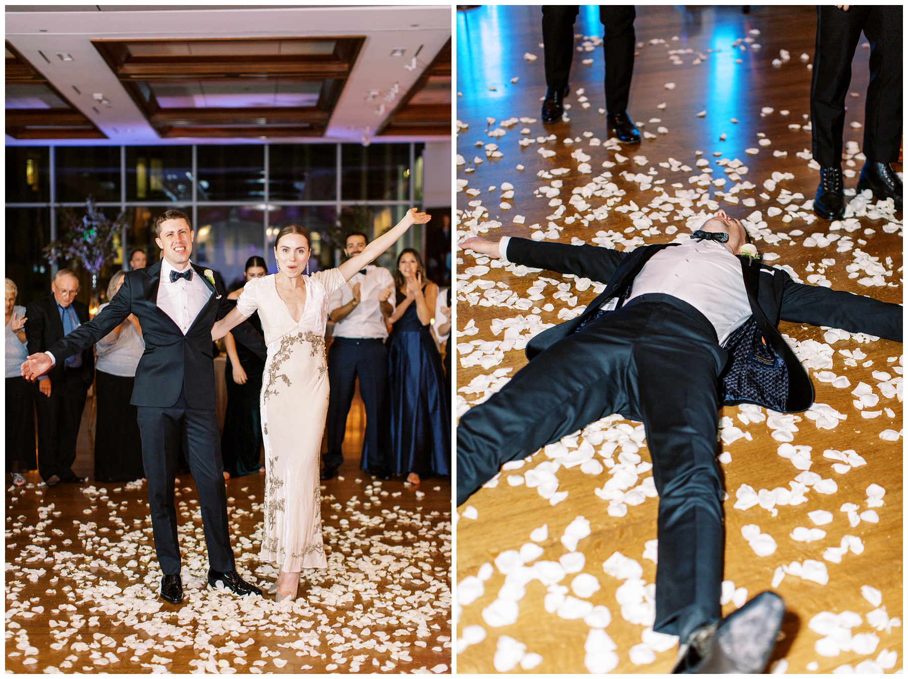 bride and groom stand on dance floor with flower petals at the Foundation for the Carolinas