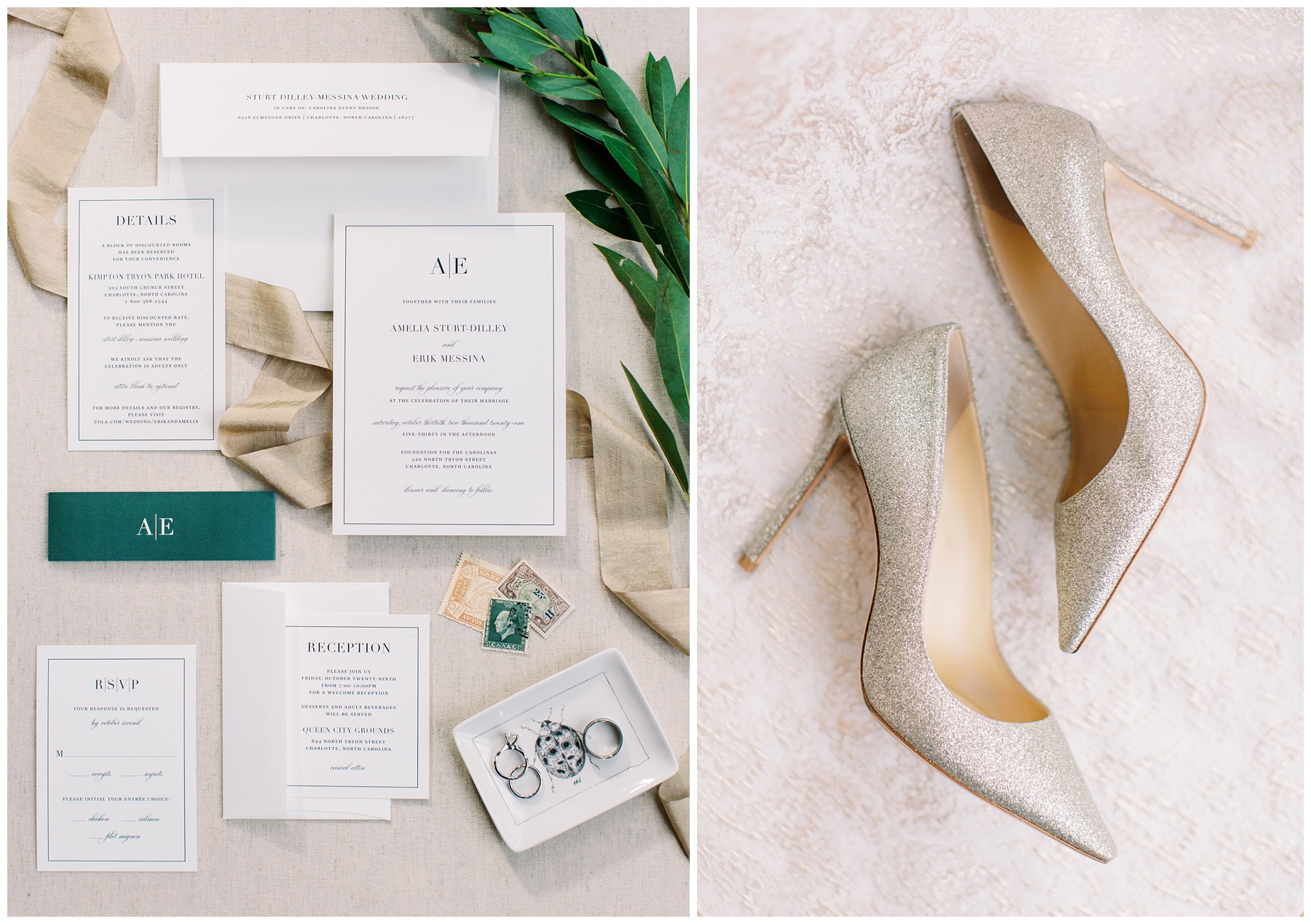 elegant wedding invitations with emerald details 