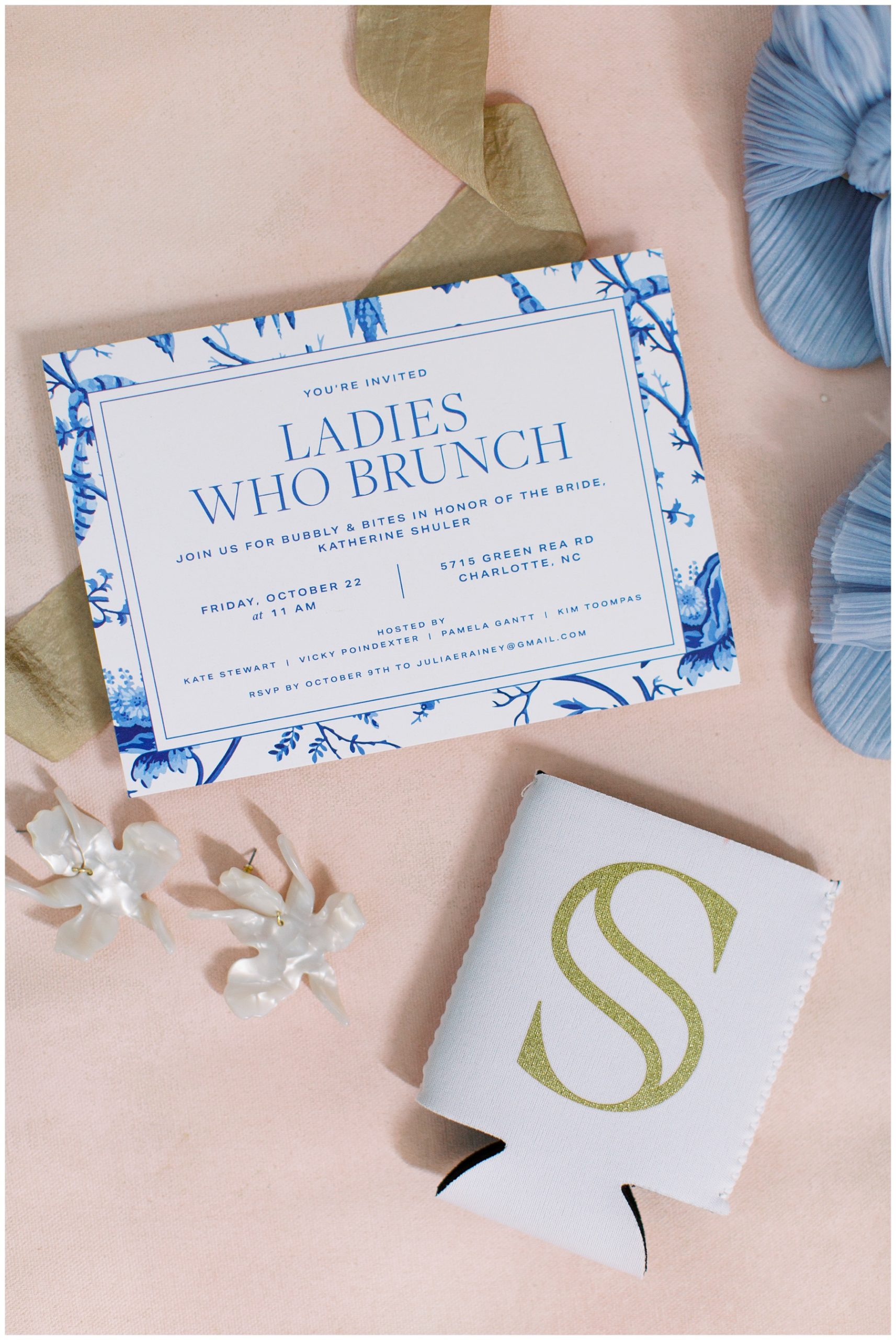 invitation suite with blue and white details for The Terrace at Cedar Hill wedding celebration 