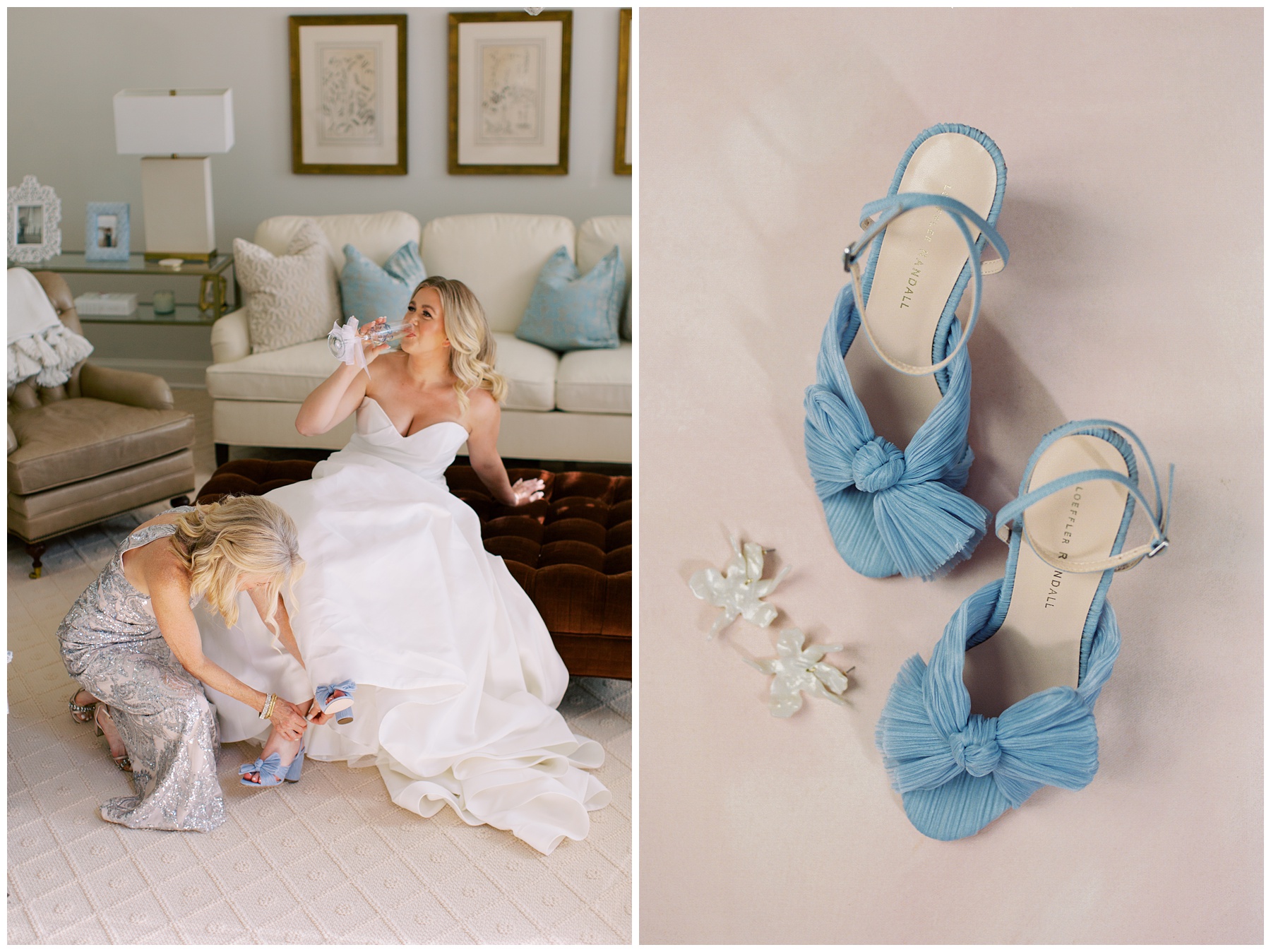 bride drinks champagne while bridesmaid helps with blue shoes 