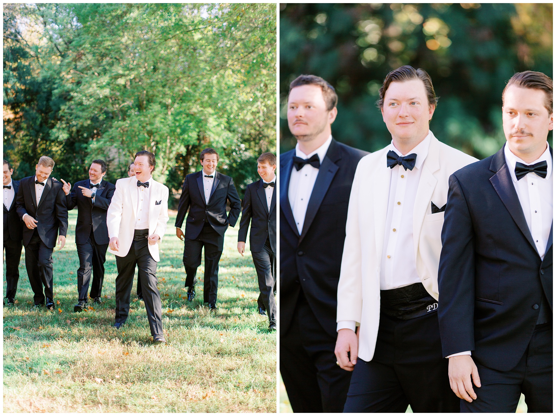 groom walks through lawn with groomsmen at The Terrace at Cedar Hill