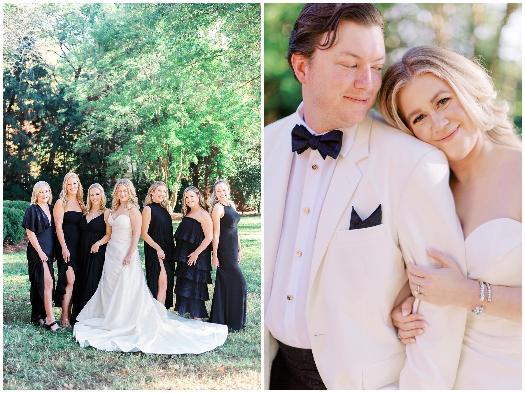 bride poses with bridesmaids in all black gowns and bride leans on groom's shoulder 