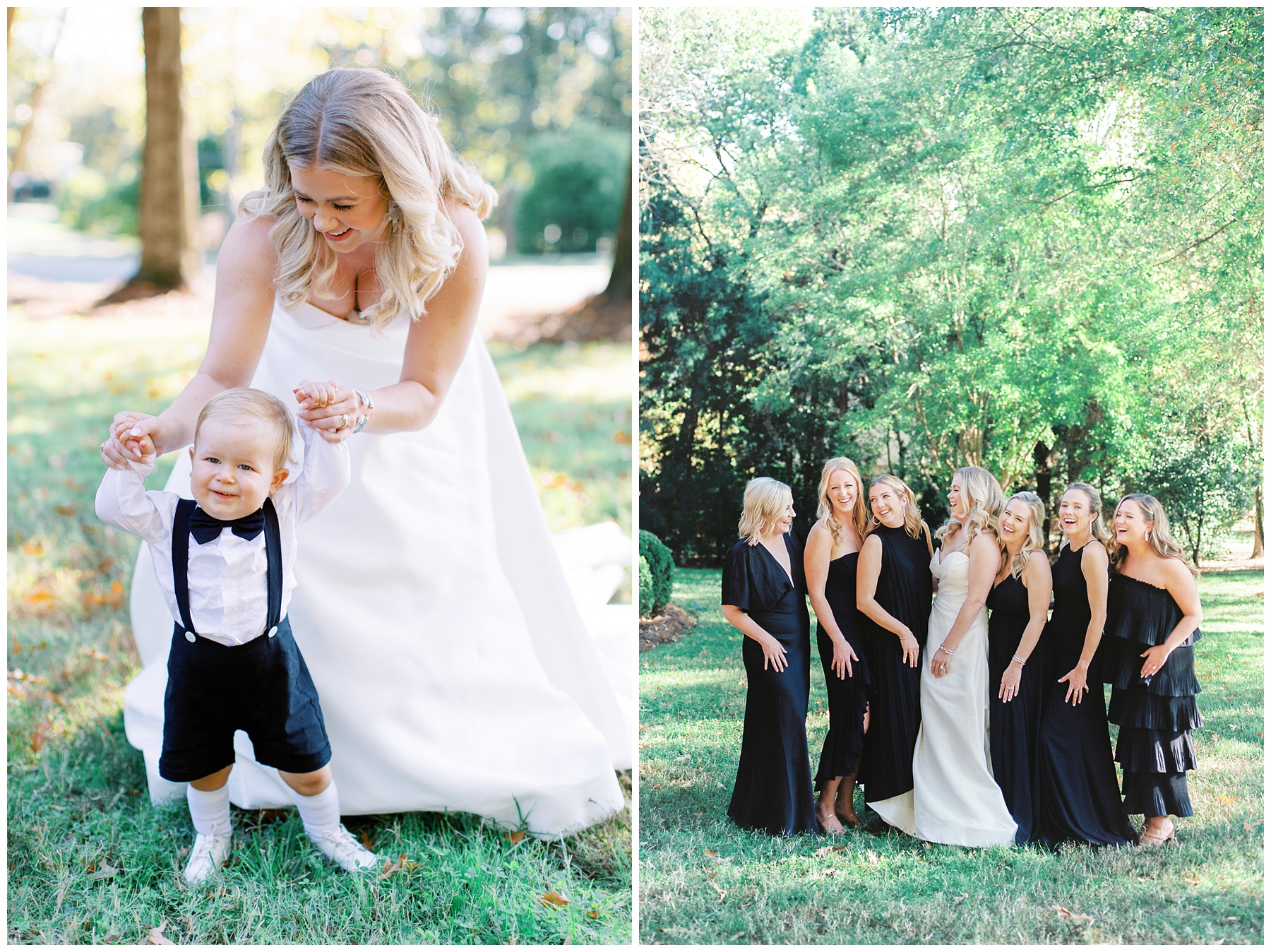 bride poses with bridesmaids and ring bearer in suspenders 