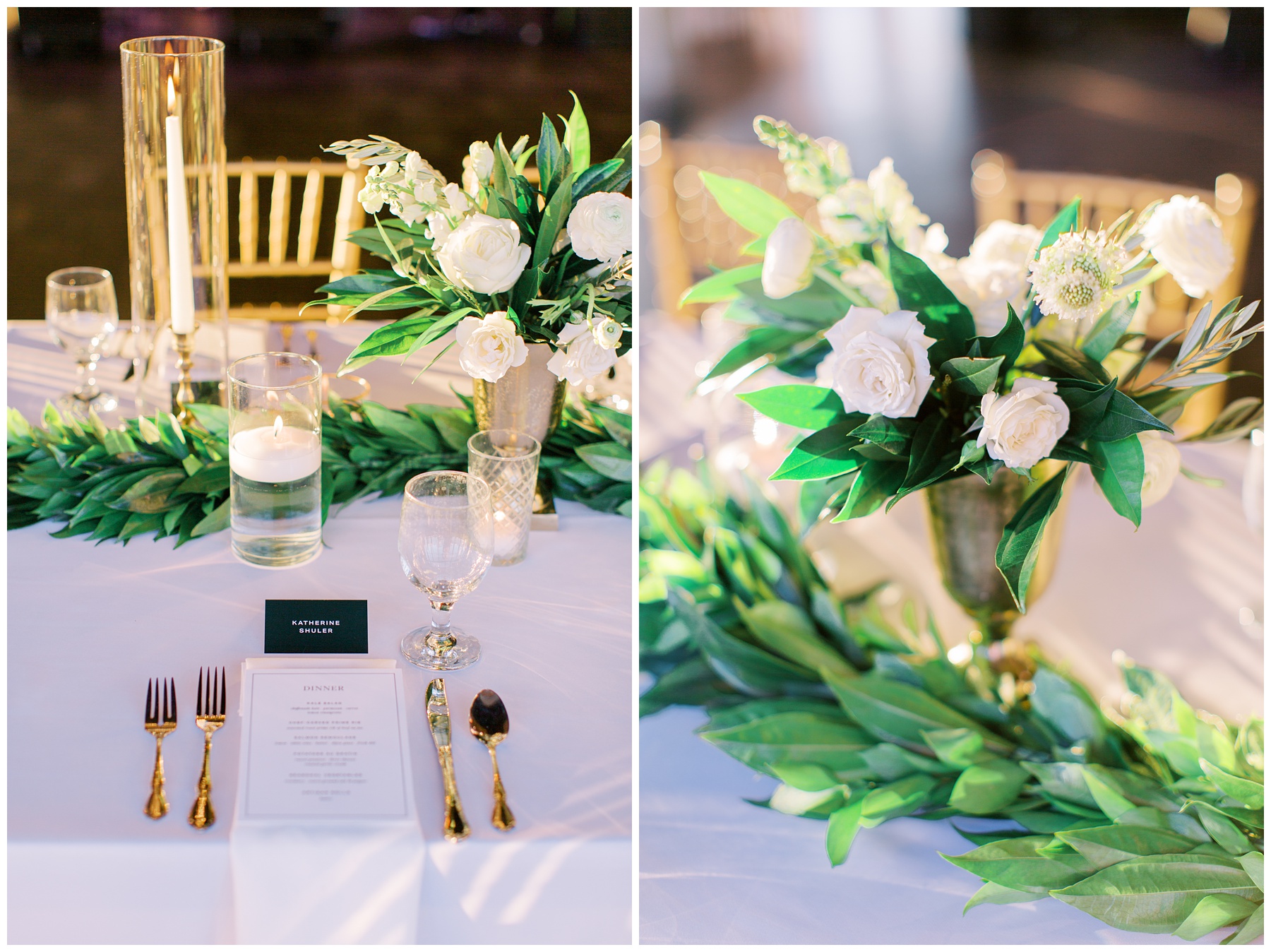 classic wedding reception details including gold silverware and crystal cups 