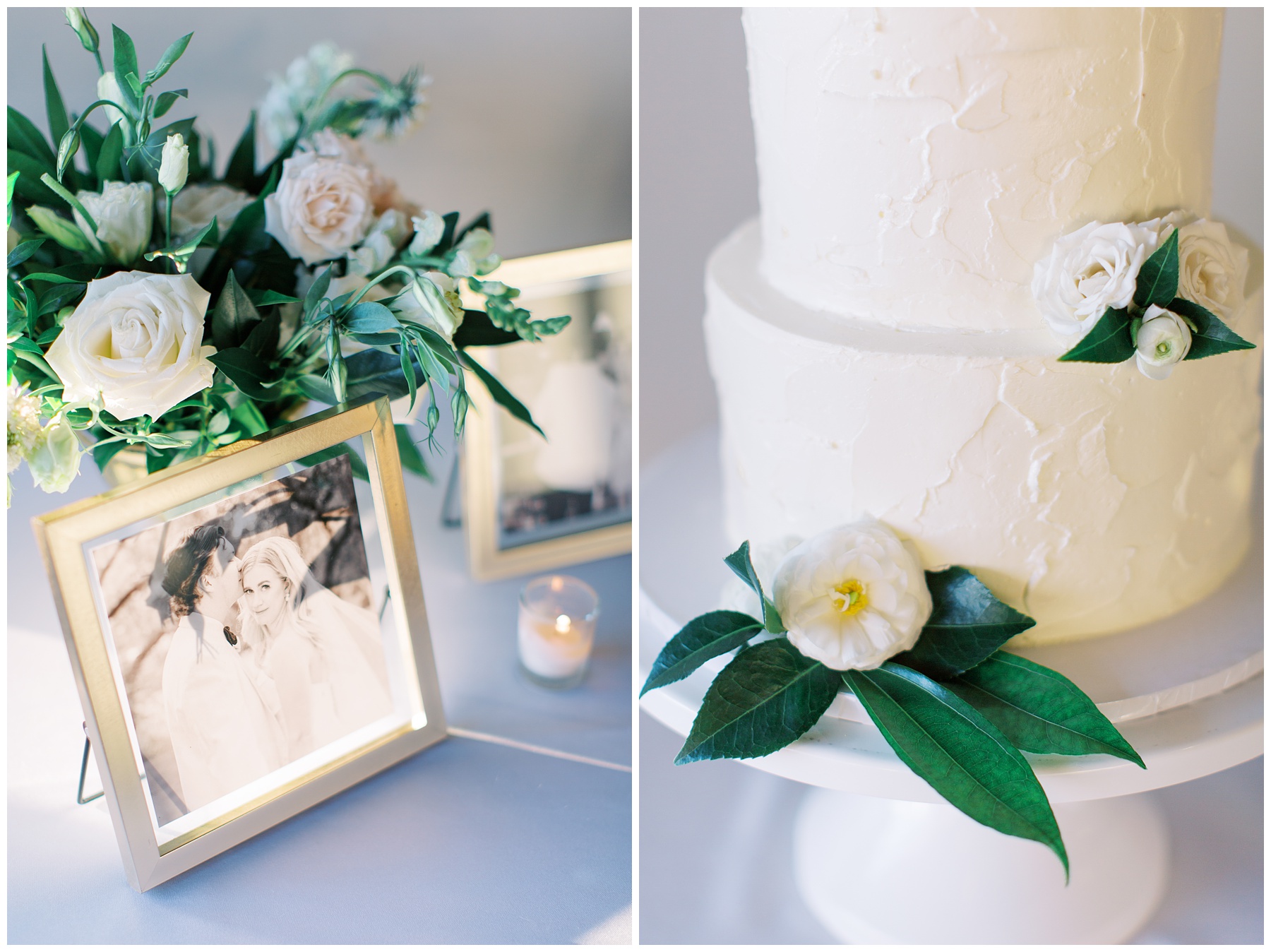 wedding portraits from elopement decorate tables at The Terrace at Cedar Hill