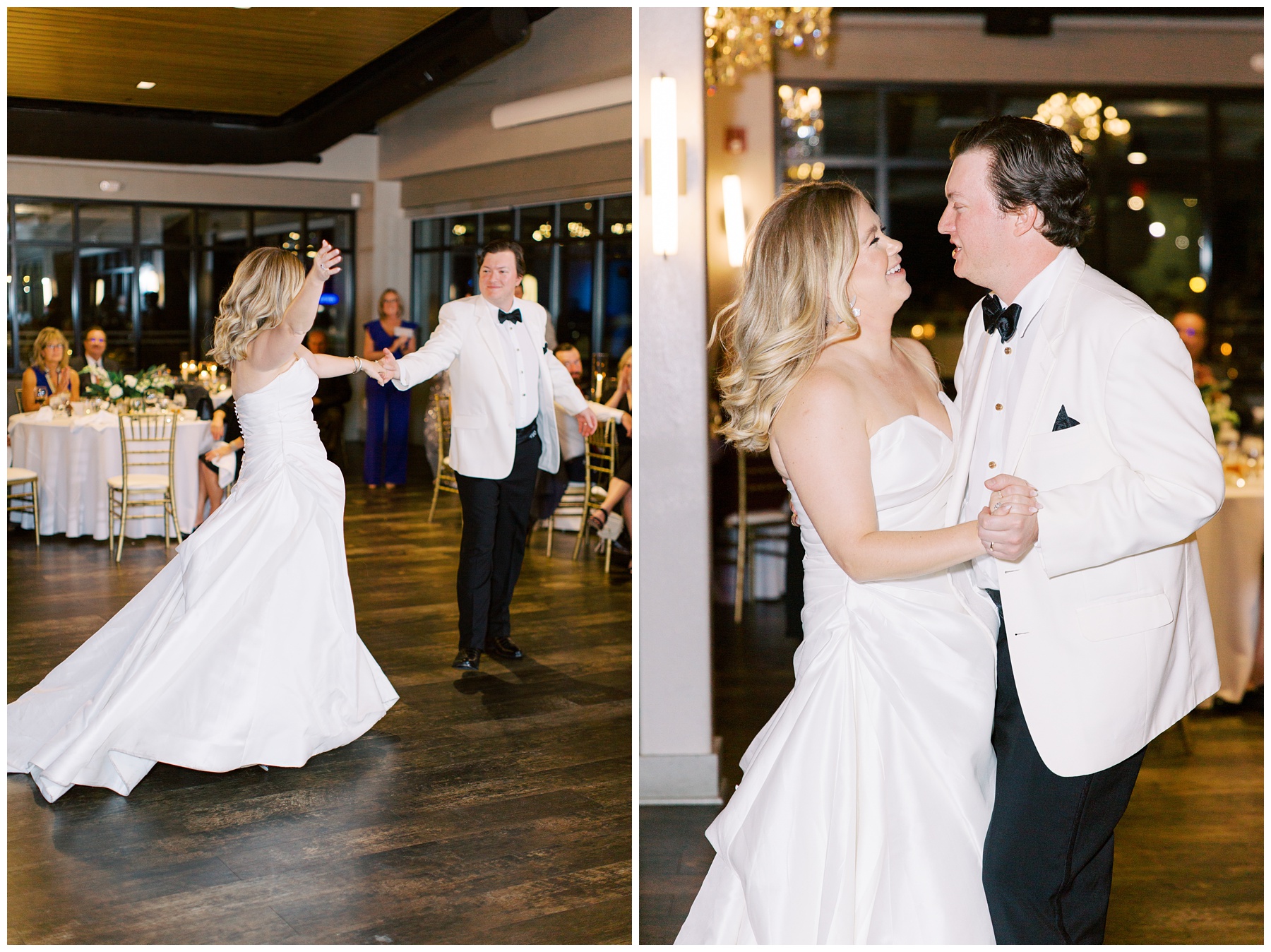 bride and groom dance together during NC wedding reception 